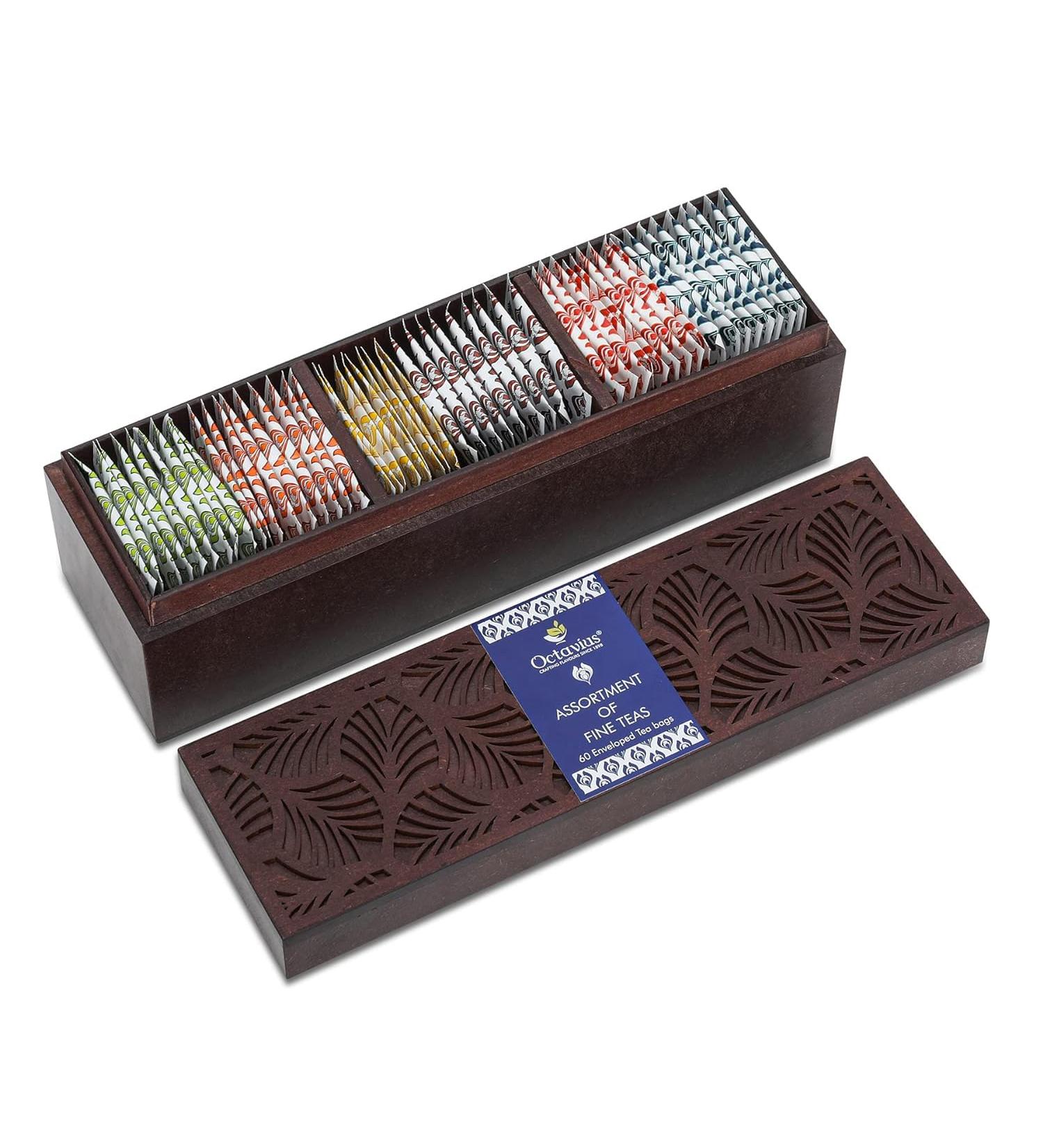 Octavius Hand Carved Wooden Tea Sampler Pack - 60 Enveloped Tea Bags, 3 Black & 3 Green Teas - Tea Sampler Variety Pack for Tea Lovers - Buy Online on GoSupps.com