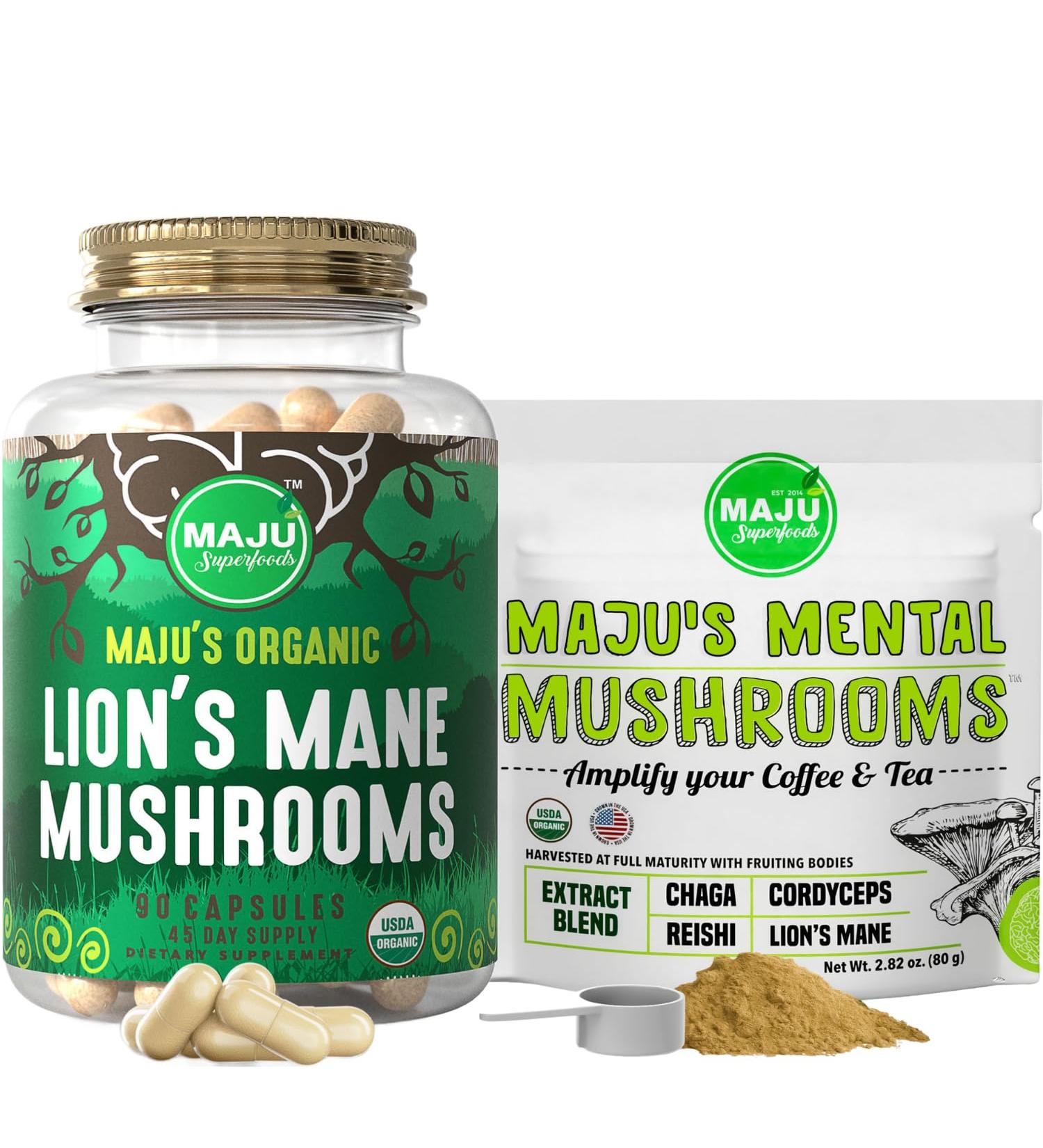 Maju Superfoods Lion's Mane Capsules and Mental Mushrooms Powder Bundle - Buy Online on GoSupps.com