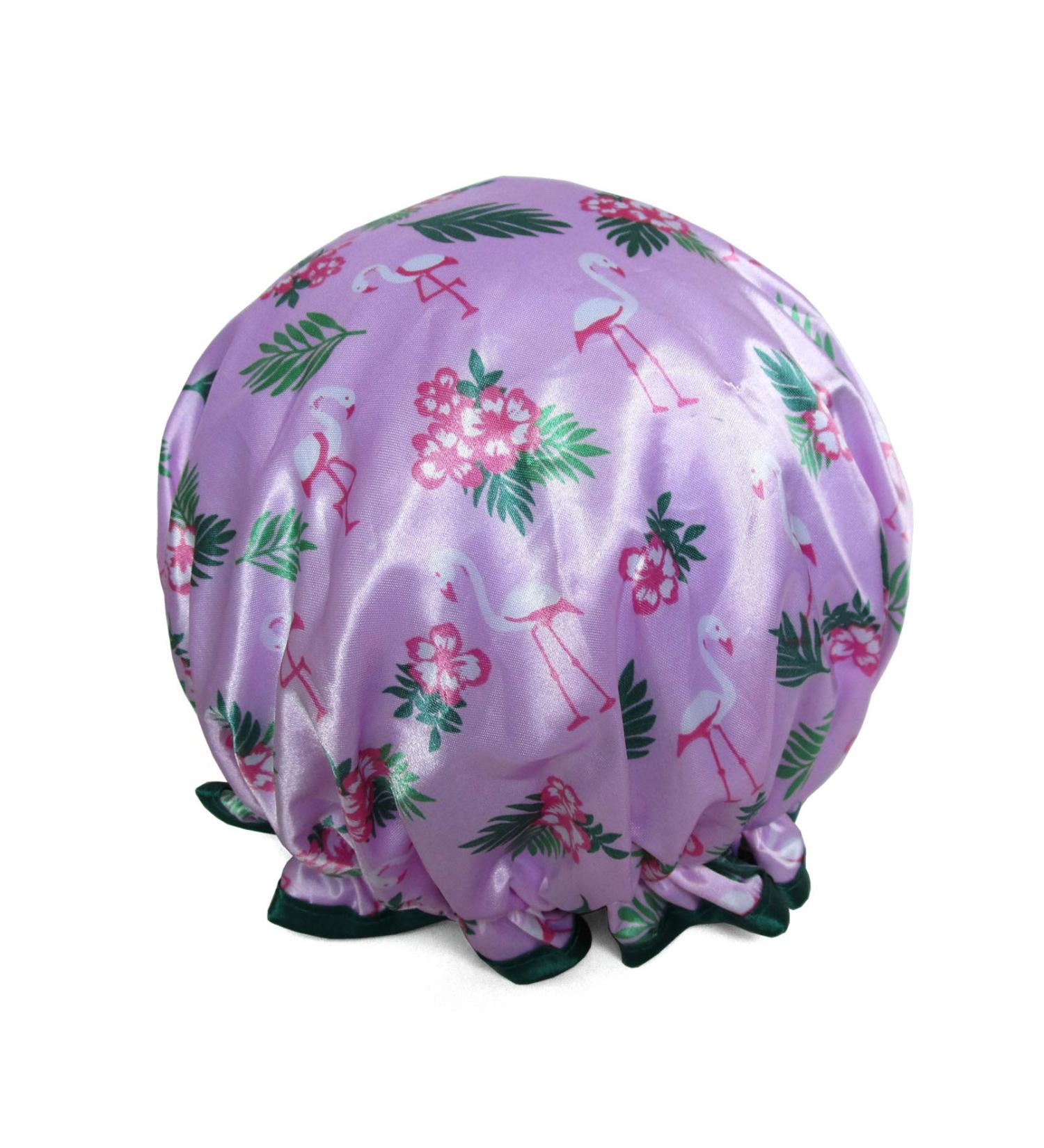 Flamingo Pink Satin Shower Cap for Women - Cute Animal Print Waterproof Bath Cap for Long Hair - Buy Online on GoSupps.com