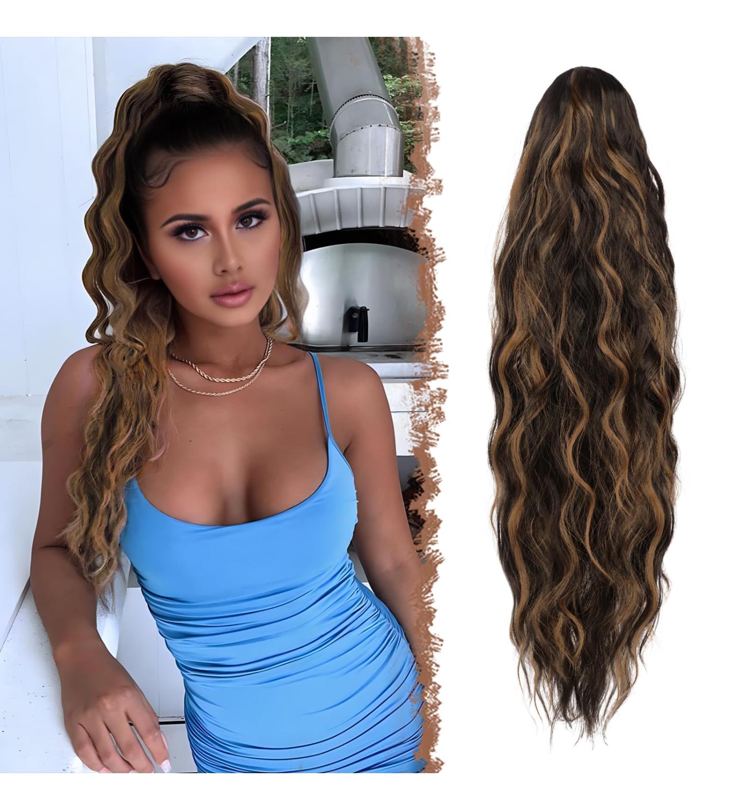 Shop Fine Long Braid Ponytail Hair Extensions - Wavy Curly Synthetic Clips in Black Brown & Blonde - 65cm for Women - Buy Online on GoSupps.com