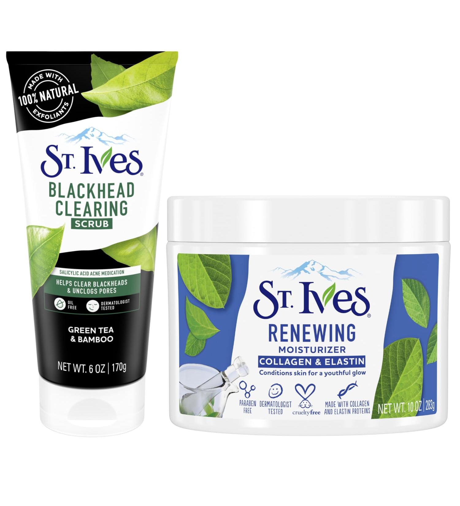 St. Ives Facial Scrub & Moisturizer Set Blackhead Clearing Green Tea & Bamboo Exfoliation + Salicylic Acid Acne Treatment & Collagen Cream Skincare for Clear Skin - Buy Online on GoSupps.com