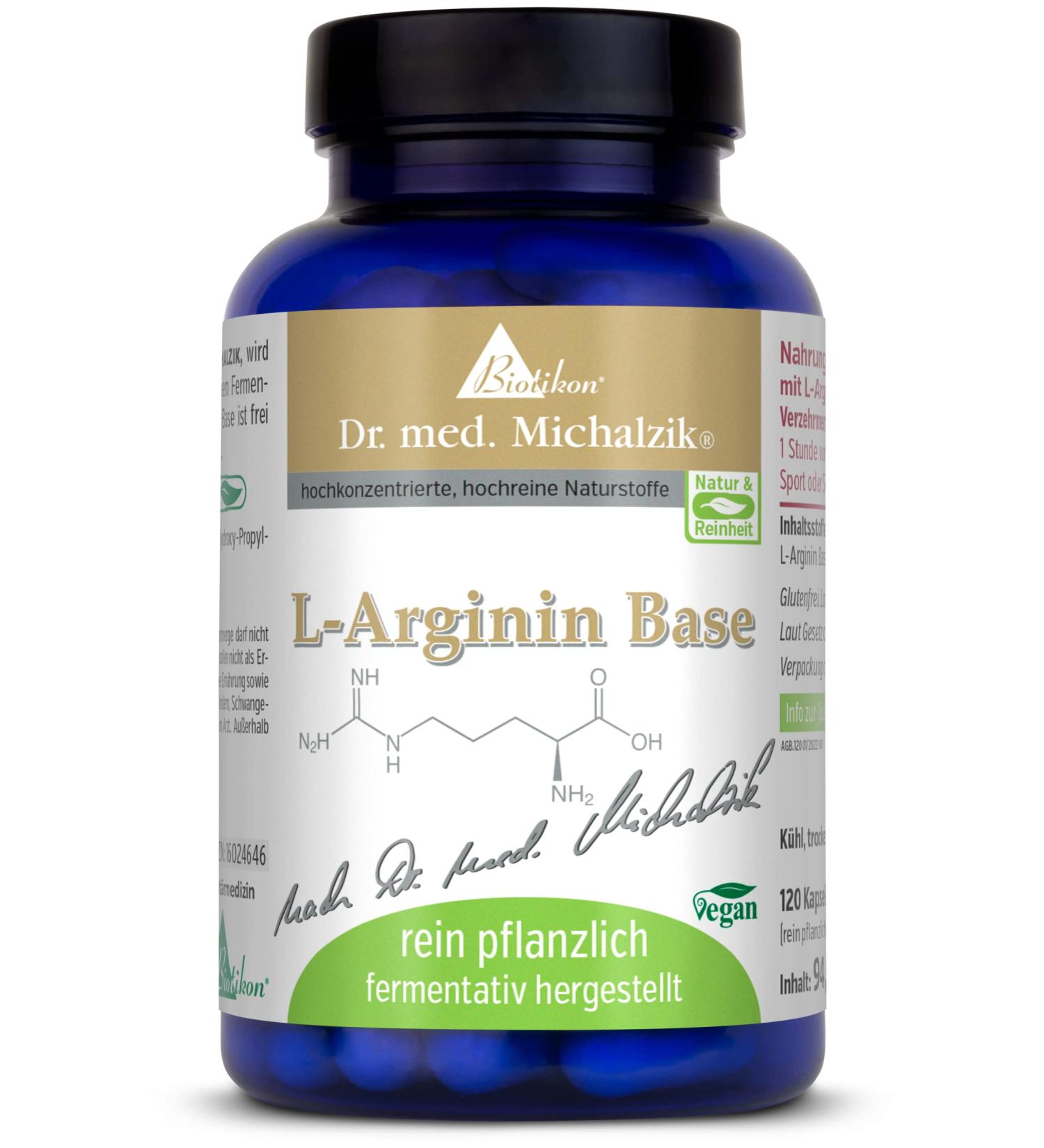 L-Arginine Base - 650 mg Pure Vegetable Capsules | Dr. med. Michalzik | Additive-Free | Biotikon  - Buy Online on GoSupps.com