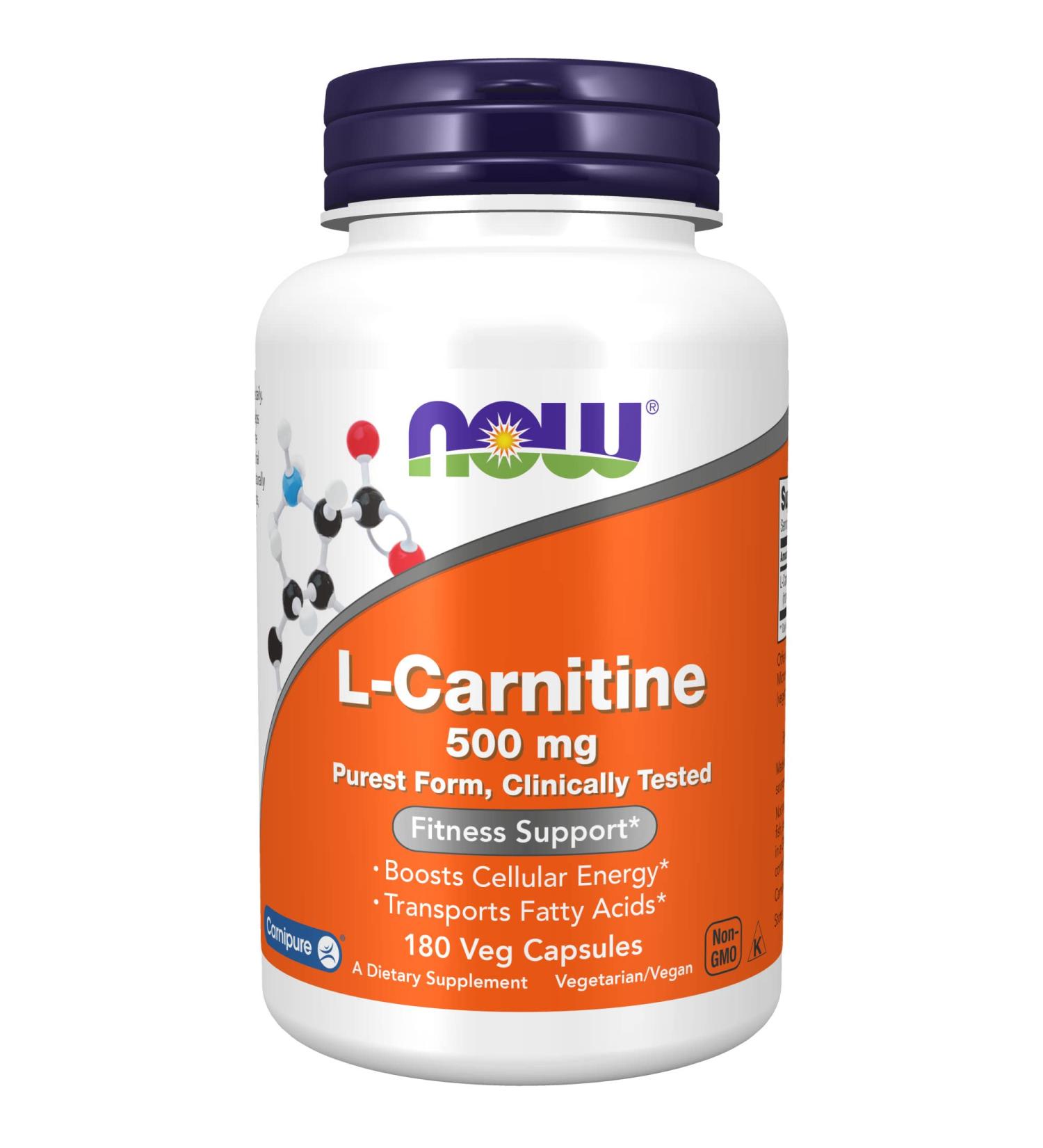 NOW L-Carnitine 500mg - Pure Amino Acid for Fitness Support - 180 Veg Capsules - Buy Online on GoSupps.com