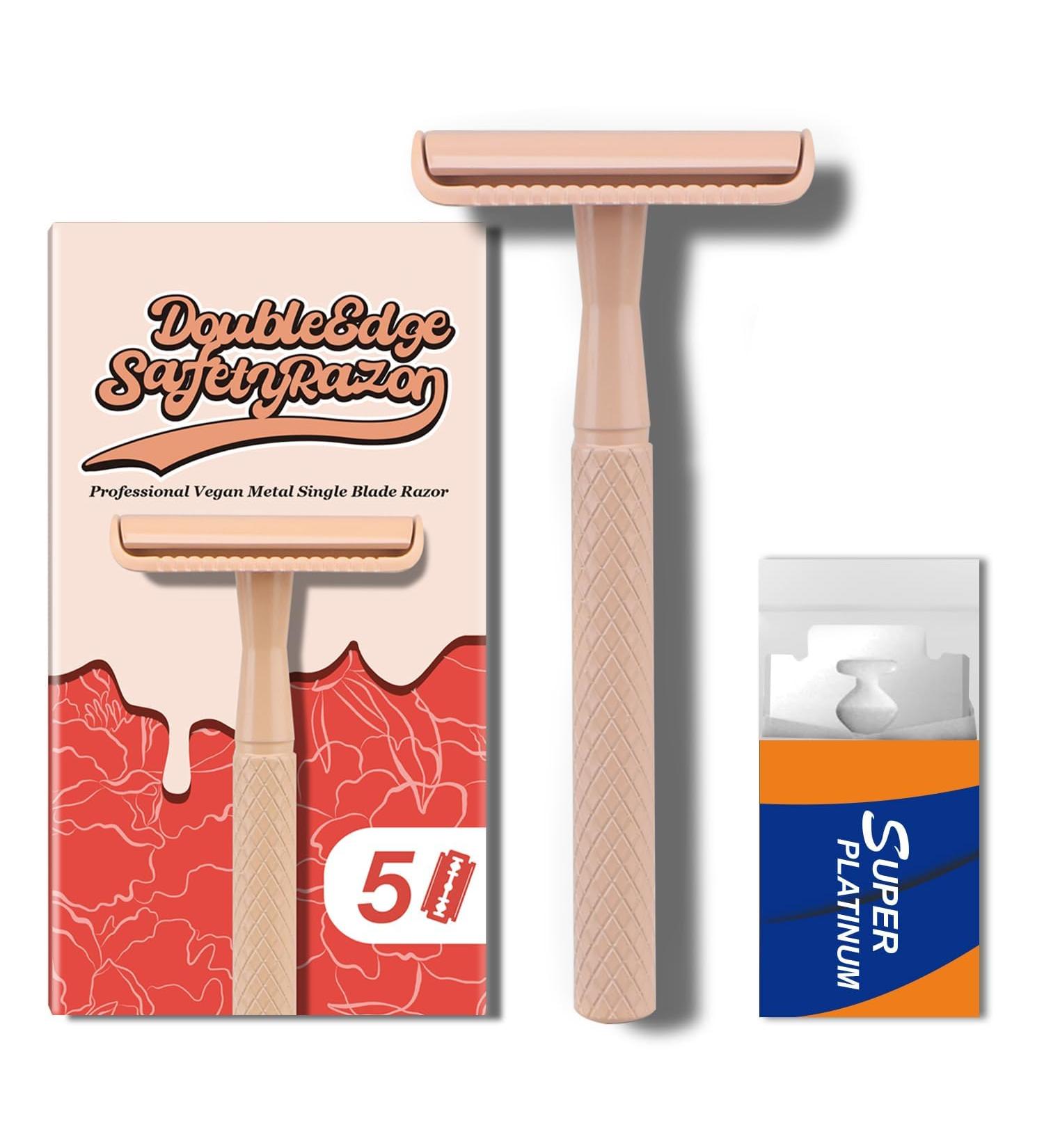 Reusable Double Edge Safety Razor for Women - Includes 5 Platinum Coated Blades | Travel Essentials for Effortless Shaving in Beige - Buy Online on GoSupps.com