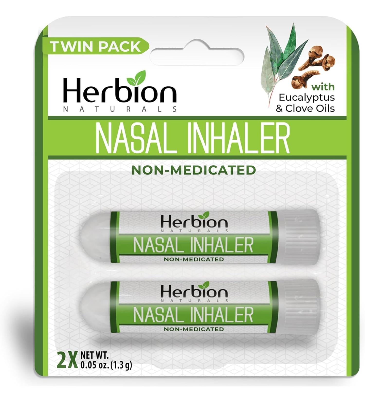 HERBION Naturals Nasal Inhaler Natural Relief for Nasal Congestion & Sinus Pressure Non-Medicated Sticks with Essential Oils Menthol Eucalyptus Clove Soothing Vapor Easy Breathing Pack of 2 2 Count (Pack of 1) - Buy Online on GoSupps.com