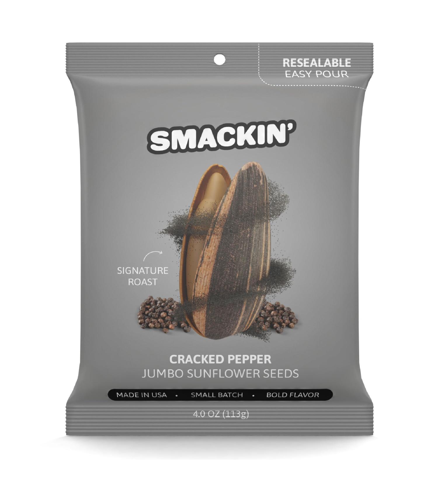 SMACKIN' Sunflower Seeds | Roasted Jumbo Sunflower Seeds | 4 Ounce Flavored Sunflower Seeds | Small-Batch American Made Sunflower Seeds | 12 Bags of Sunflower Seeds | Keto Snacks (Cracked Pepper) - Buy Online on GoSupps.com