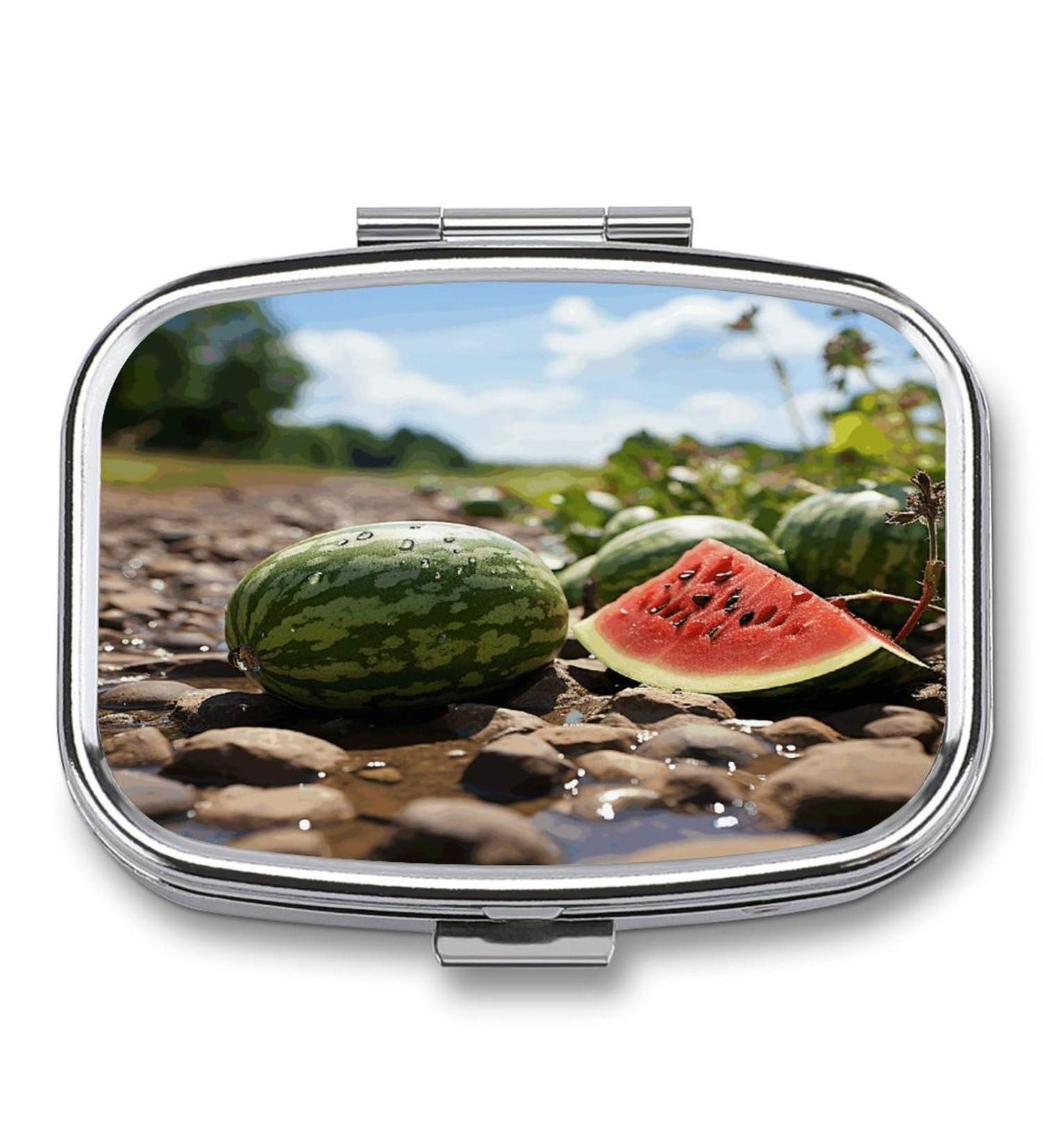 Watermelon Print Pill Box | 2 Compartment Portable Medicine Organizer | Decorative Metal Pill Case for Pocket & Purse - Buy Online on GoSupps.com