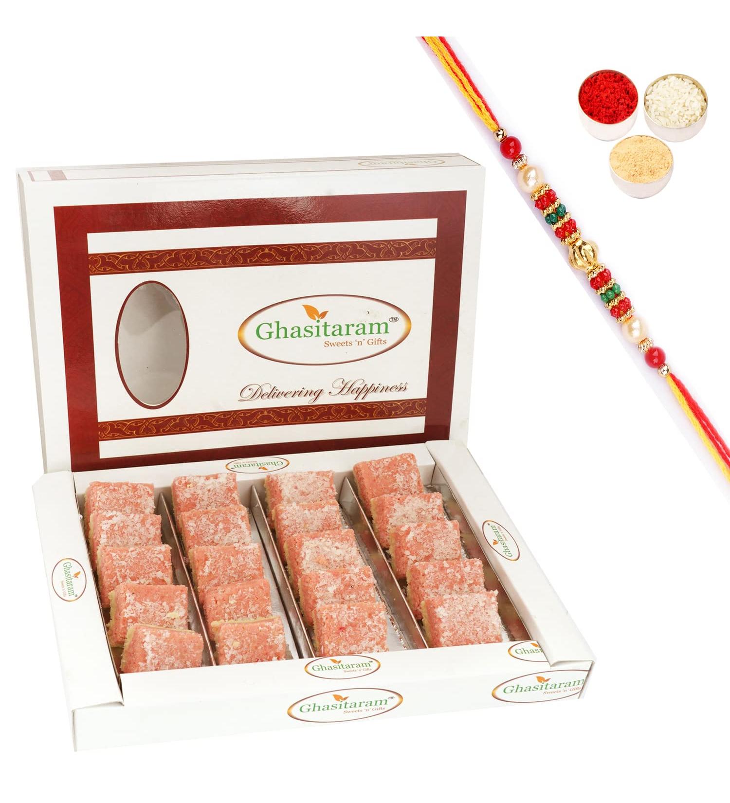 Ghasitaram Gifts Rakhi Gifts for Brothers Sugarfree Mawa Coconut Barfi 400 GMS with Beads Rakhi - Buy Online on GoSupps.com
