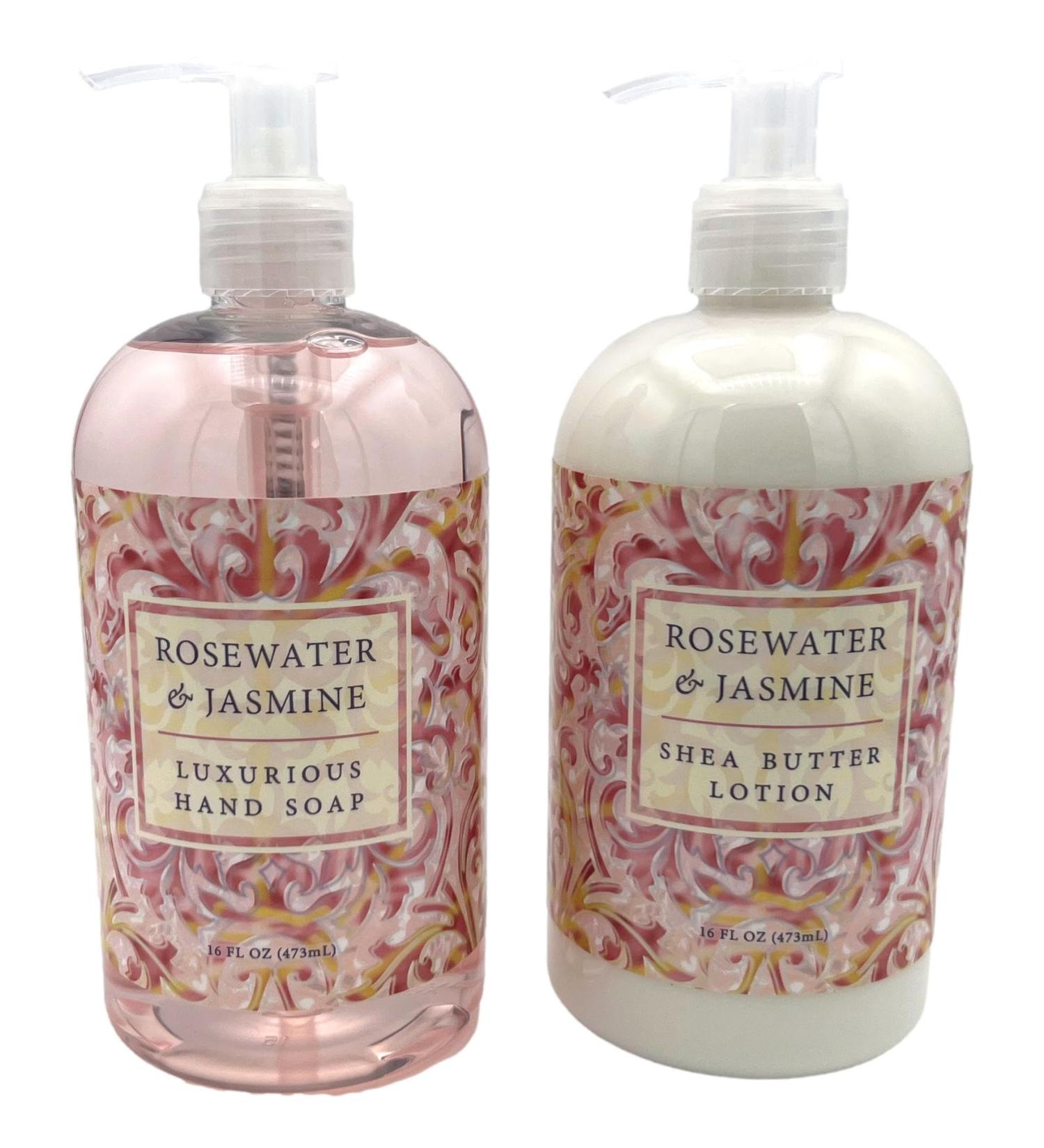Greenwich Bay Trading Company Botanical Collection Bundle: Rosewater & Jasmine - 16 Ounce Shea Butter Lotion & 16 Ounce Hand Soap