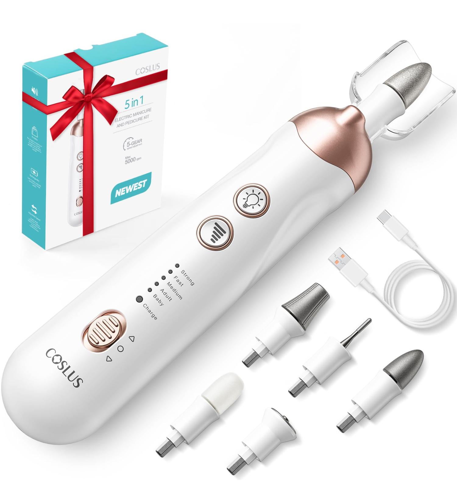 COSLUS 5 in 1 Professional Manicure Pedicure Kit | Electric Nail File Set & Toenail Grinder - 5 Speed Cordless Nail Drill for Thick Nails Cuticles & More for Women Men Baby & Pets - Bright White - Buy Online on GoSupps.com