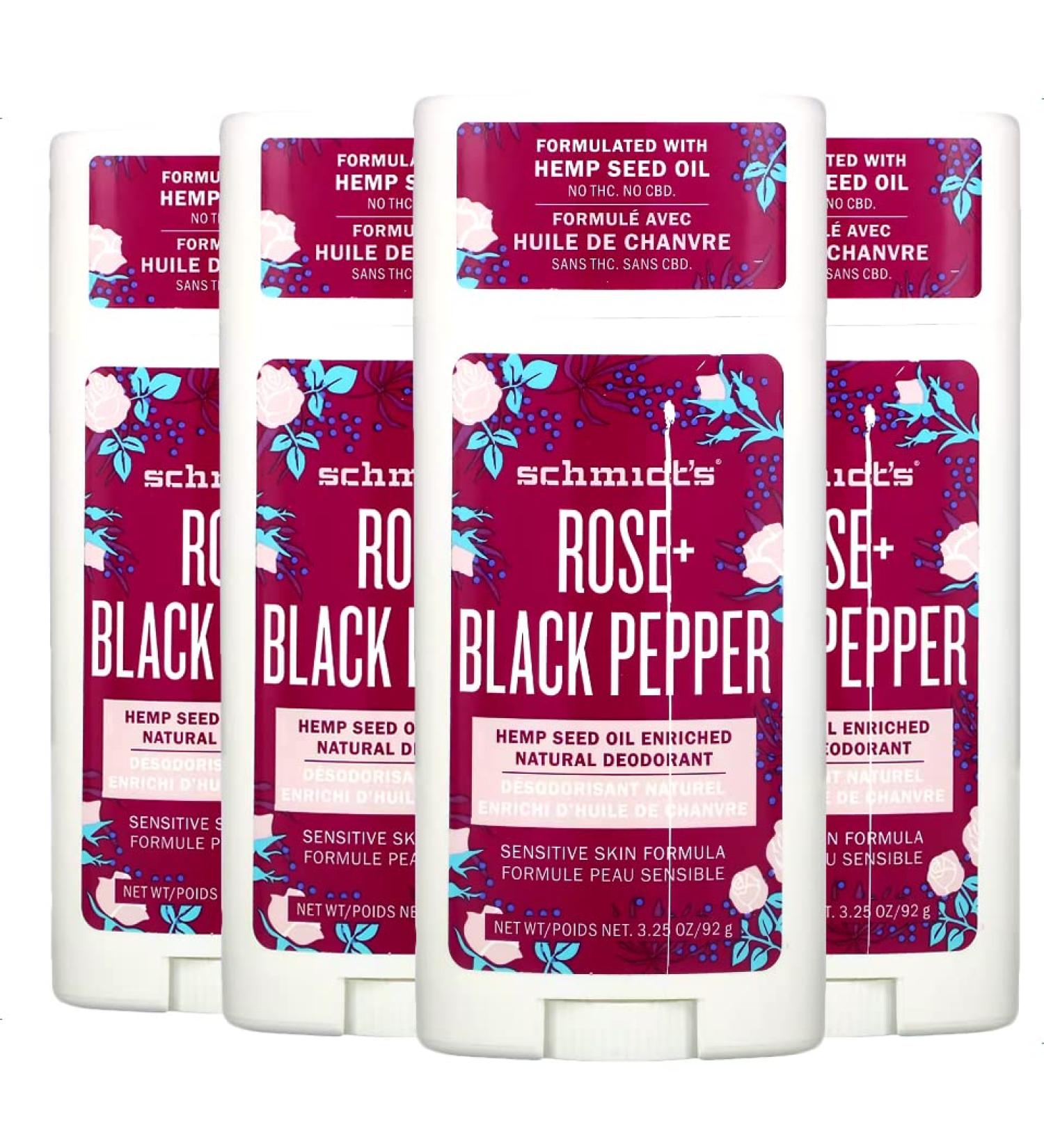 Schmidt's Deodorant Hemp Seed Oil Enriched for Sensitive Skin Rose and Black Pepper Scent 2.65 Ounce (Pack of 4)