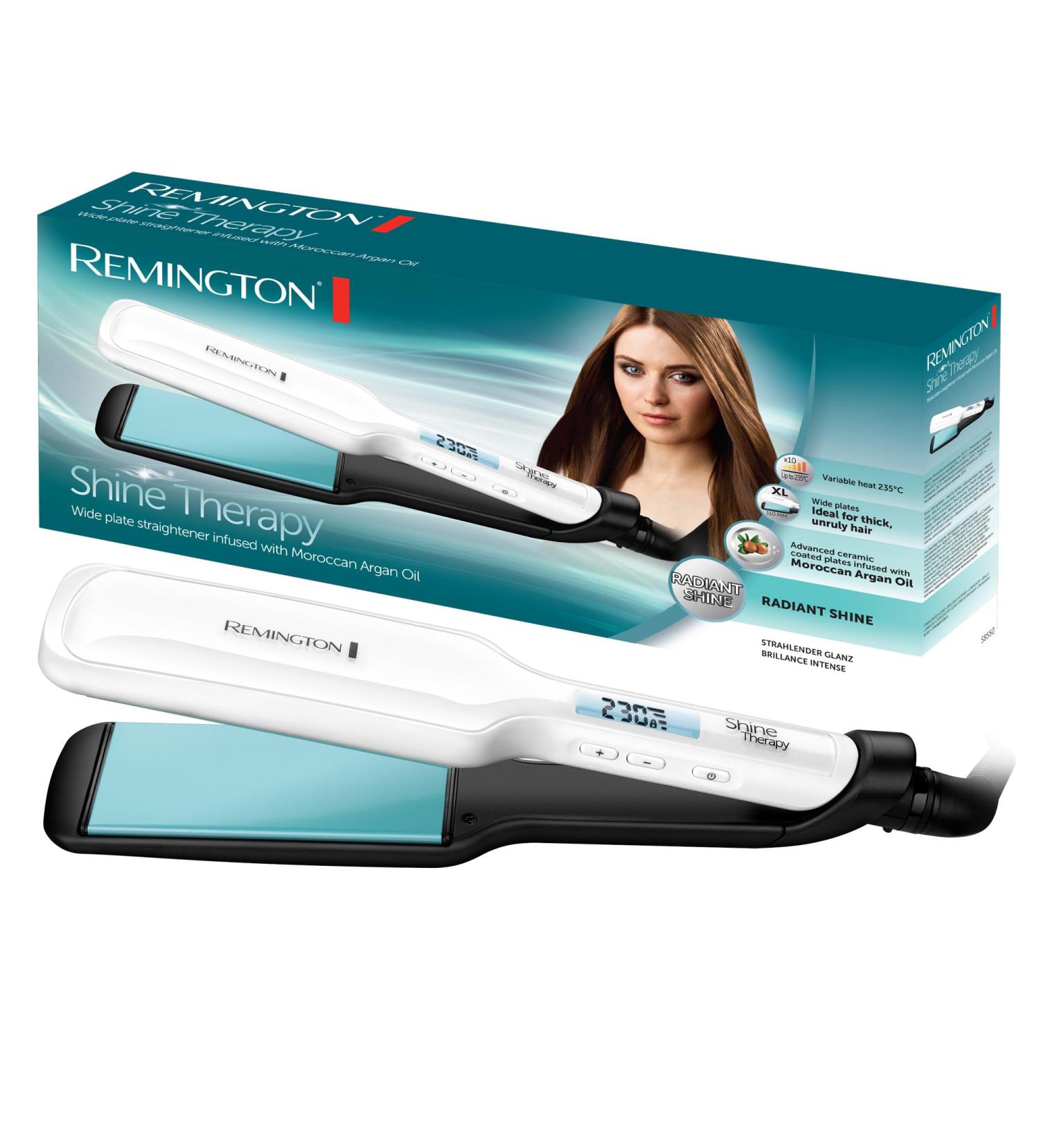 Remington S8550 Smooth Iron Wide - Shine Therapy with Argan Oil & Vitamin E | LCD Display 150-230 C | High-Quality Ceramic Coating for Glossy Hair - Buy Online on GoSupps.com