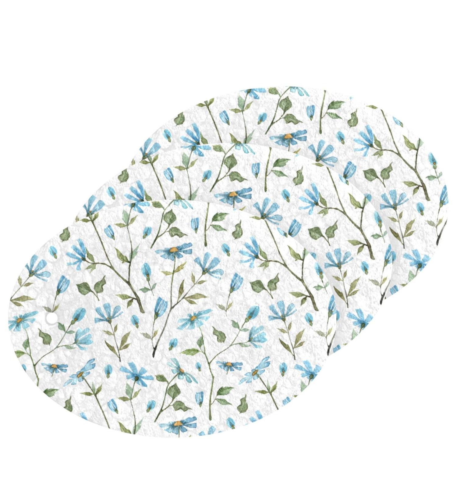 3-Pack Cleaning Kitchen Sponges Oval Daisy Watercolor Blue Kitchen Cellulose Dishwashing Wood Pulp Cotton - Buy Online on GoSupps.com