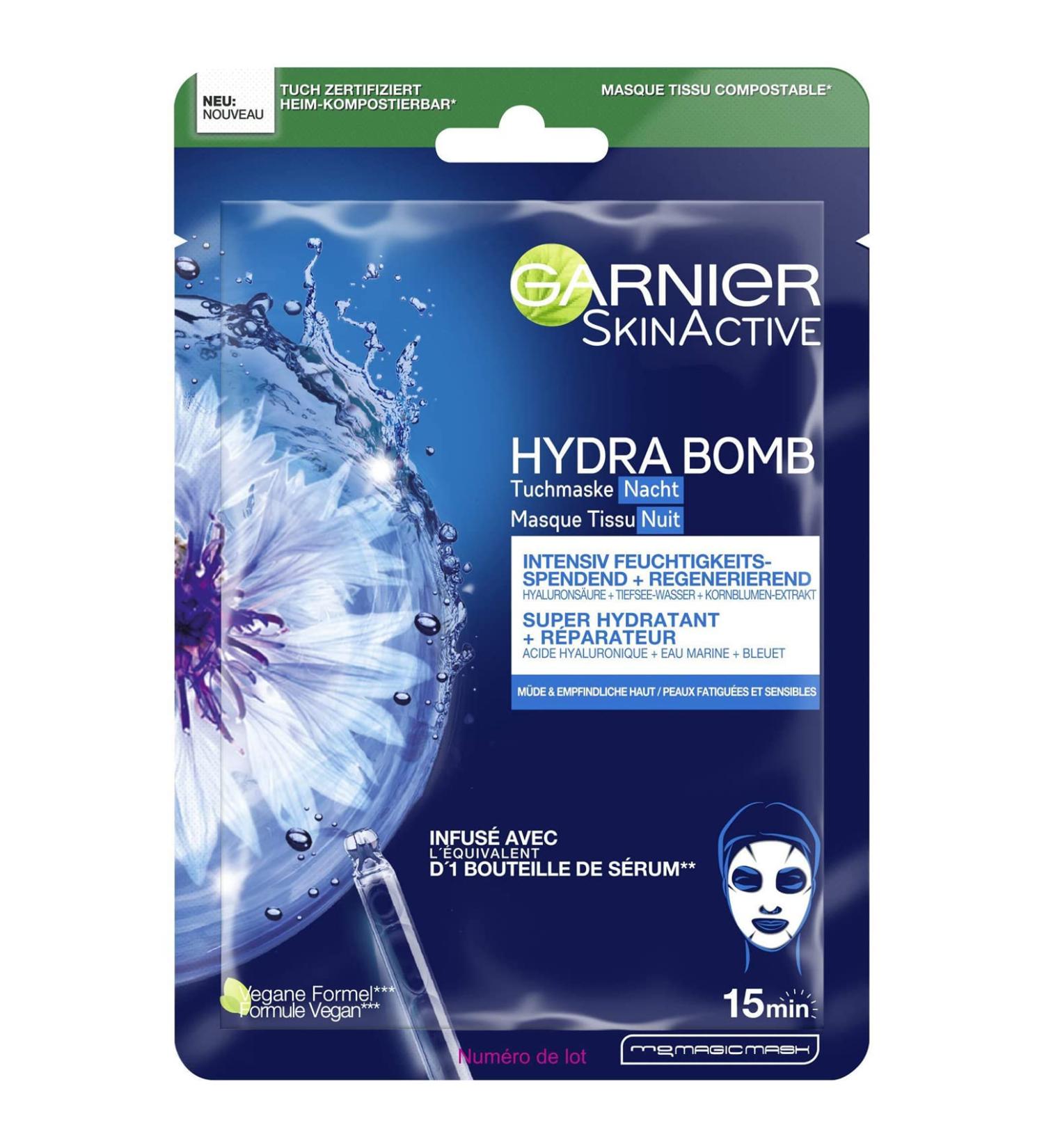 Buy Garnier Hydra Bomb Cloth Mask - Regenerating Night Face Mask for Tired & Sensitive Skin with Hyaluronic Acid & Cornflower Extract - 28g - Buy Online on GoSupps.com