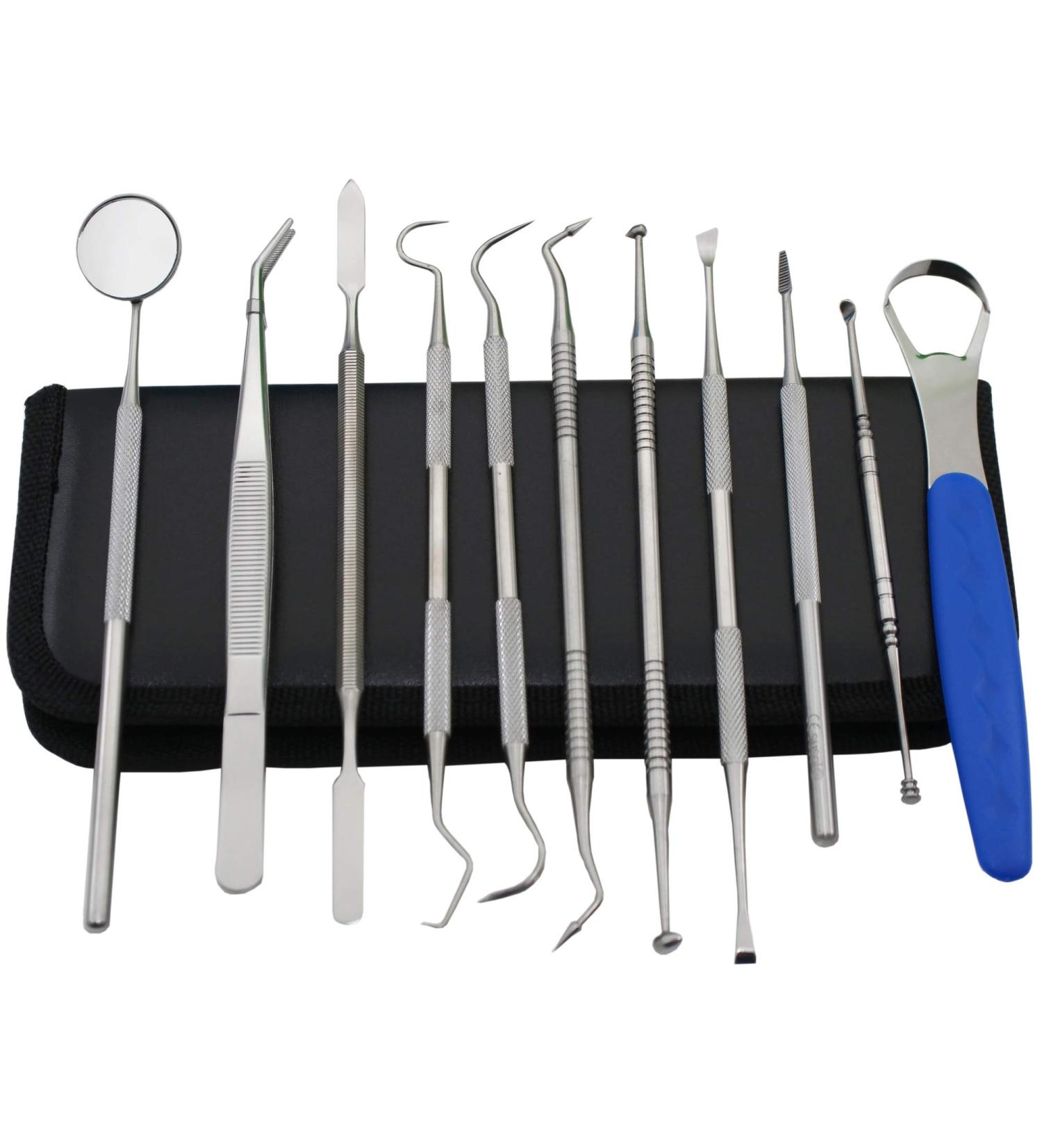Professional Dental Oral Hygiene Tool Kit 11 Stainless Steel Tools for Teeth Cleaning Scaling and Care - Buy Online on GoSupps.com