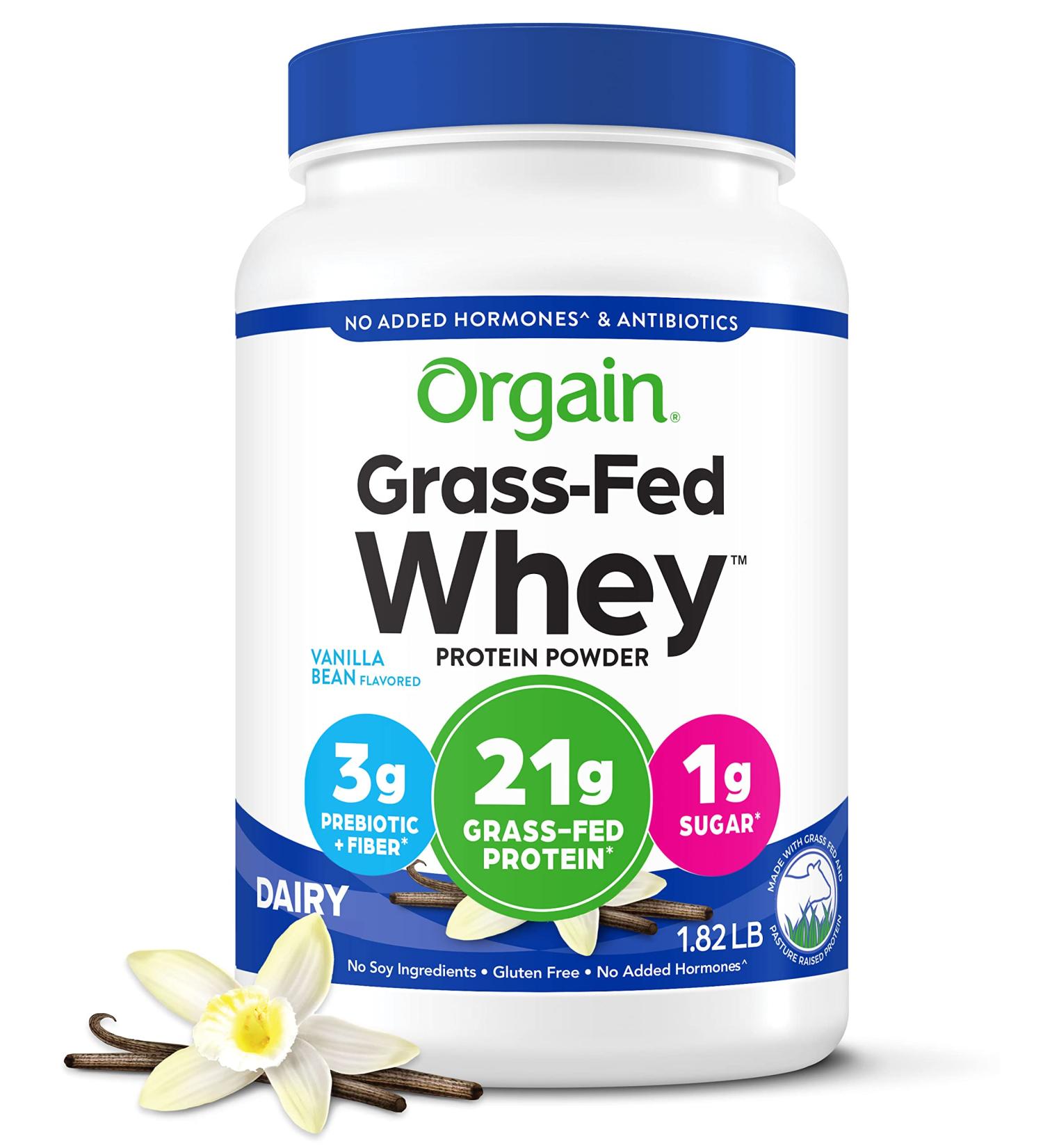 Orgain Grass Fed Whey Protein Powder - Vanilla Bean, 21g Protein, Low Carb, Gluten Free, Non-GMO, 1.82 Lb - Buy Online on GoSupps.com