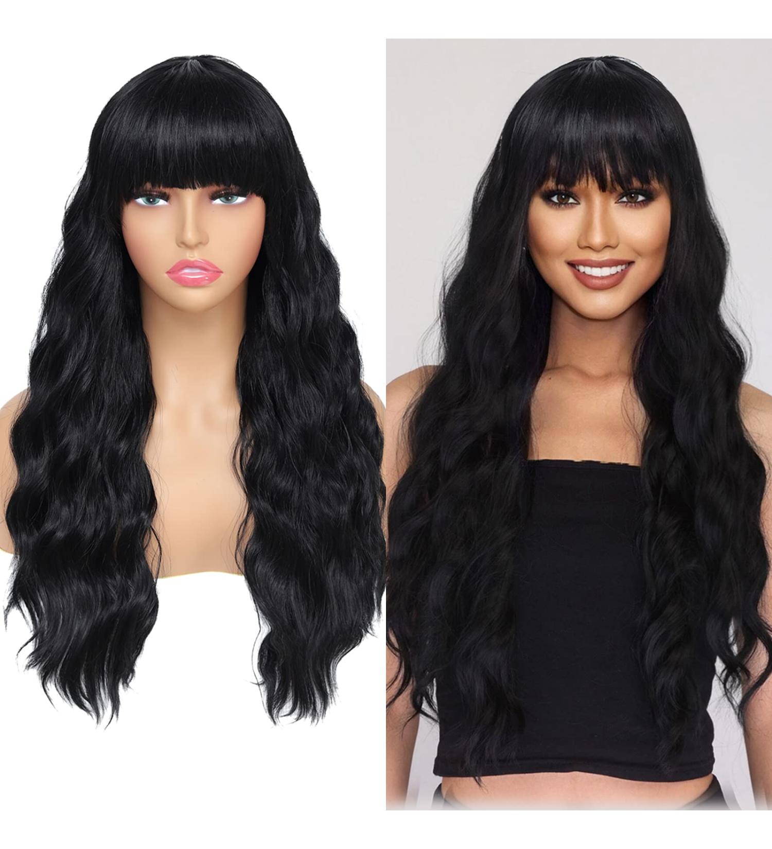 LuxeMelan Black Long Wavy Synthetic Bang Wig - Ocean Wavy Machine Wig for Women | Beginner-Friendly & No Glue Needed - Ideal for Cosplay & Parties - Buy Online on GoSupps.com