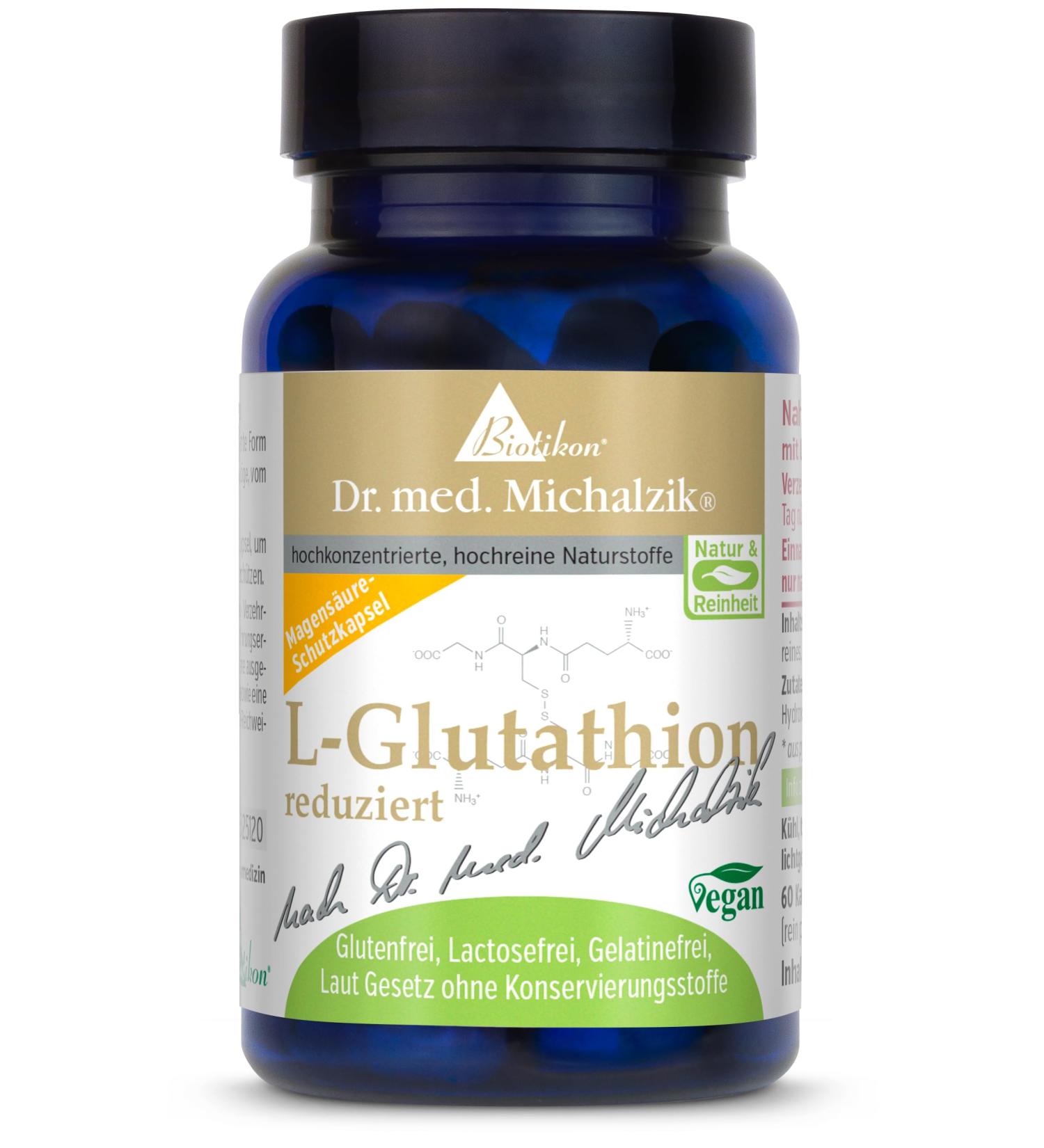  Biotikon GSH-L-Glutathione - Pure unoxidized glutathione - Dr. med. Michalzik - 60 capsules - 300 mg of reduced pure glutathione - no additives - by BIOTIKON  - Buy Online on GoSupps.com