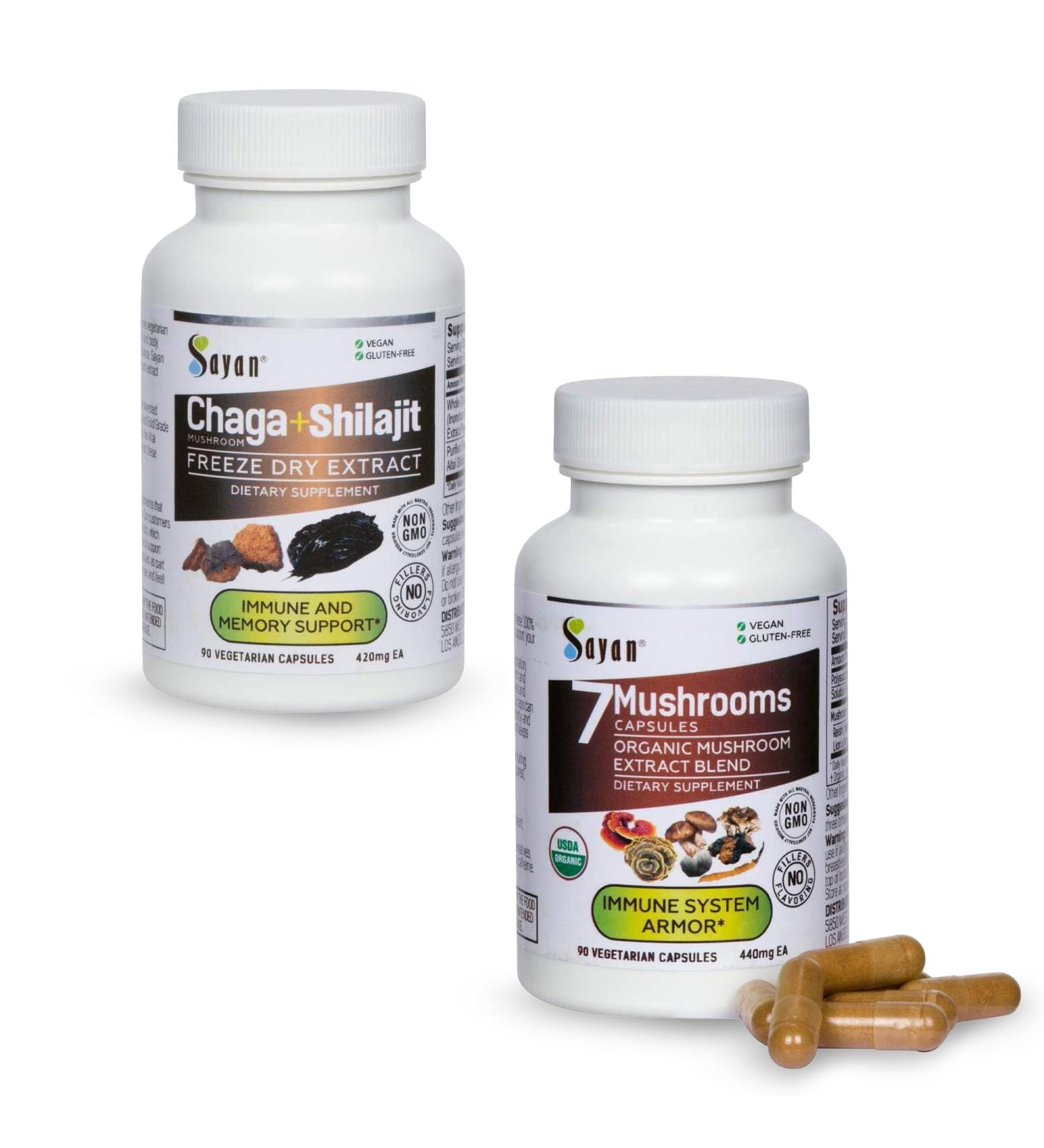 Sayan Mushroom Power Immune Boost Bundle - Chaga with Shilajit & 7 Mushroom Extract Capsules - Mushroom Supplement for Immune Support Energy and Antioxidant Defense (90 Capsules Each) - Buy Online on GoSupps.com