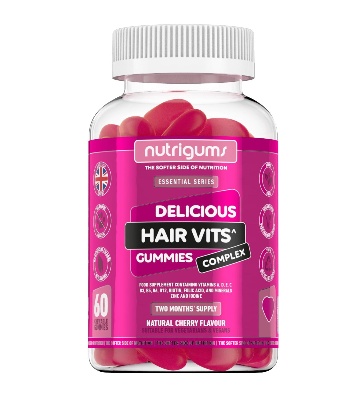 Biotin Complex Gummy Hair Vitamin | 60 Vegan Cherry Flavour Gummies | Multivitamin Supplement with Biotin, Vitamin C, Folic Acid & Zinc for Healthy Hair Growth | NUTRIGUMS - Buy Online on GoSupps.com