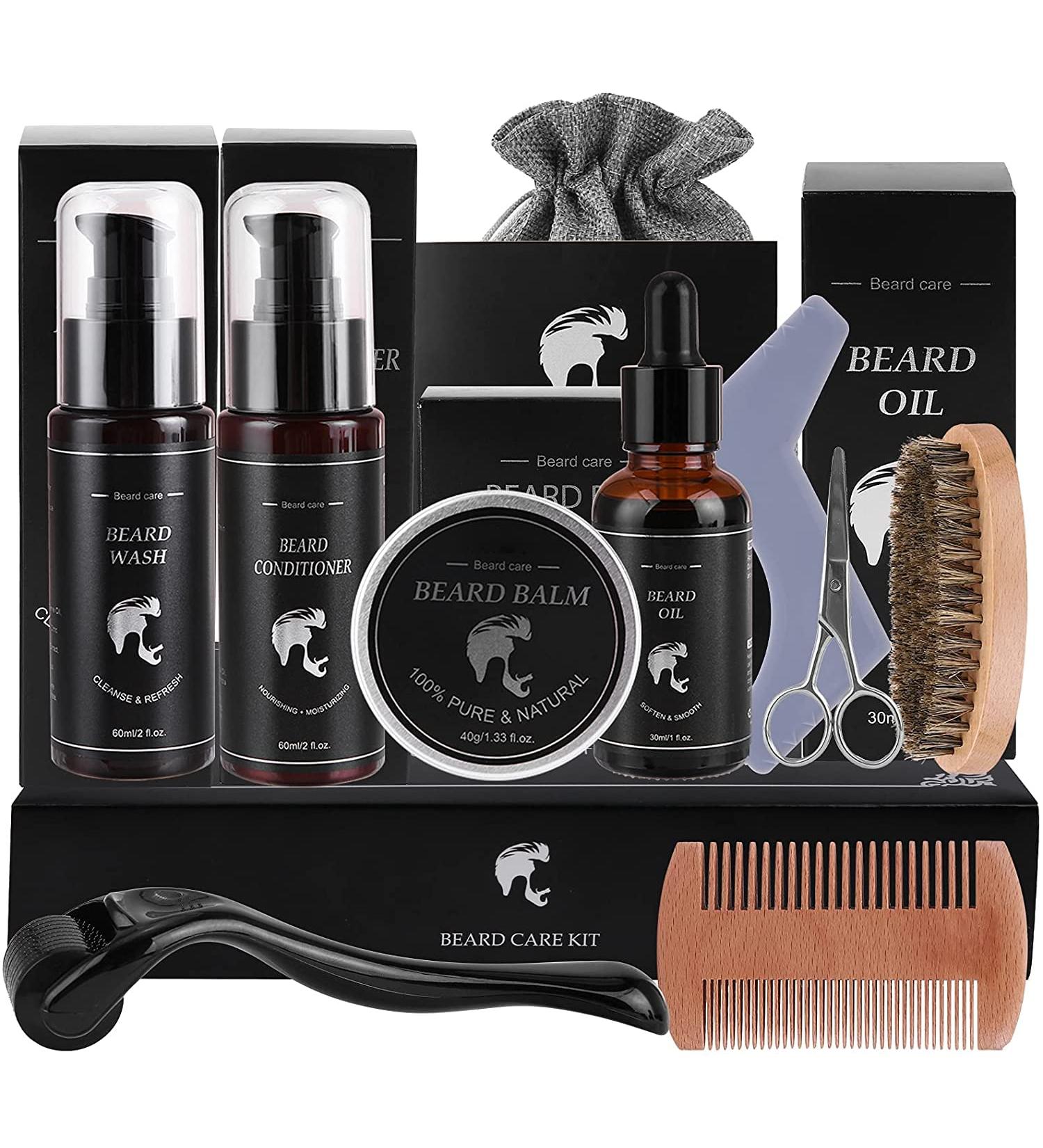 10-in-1 Beard Grooming Kit with Beard Oil, Balm, Conditioner, Shampoo, Roller, Comb, Brush, Scissor, and Storage Bag - Best Gifts for Men - Buy Online on GoSupps.com