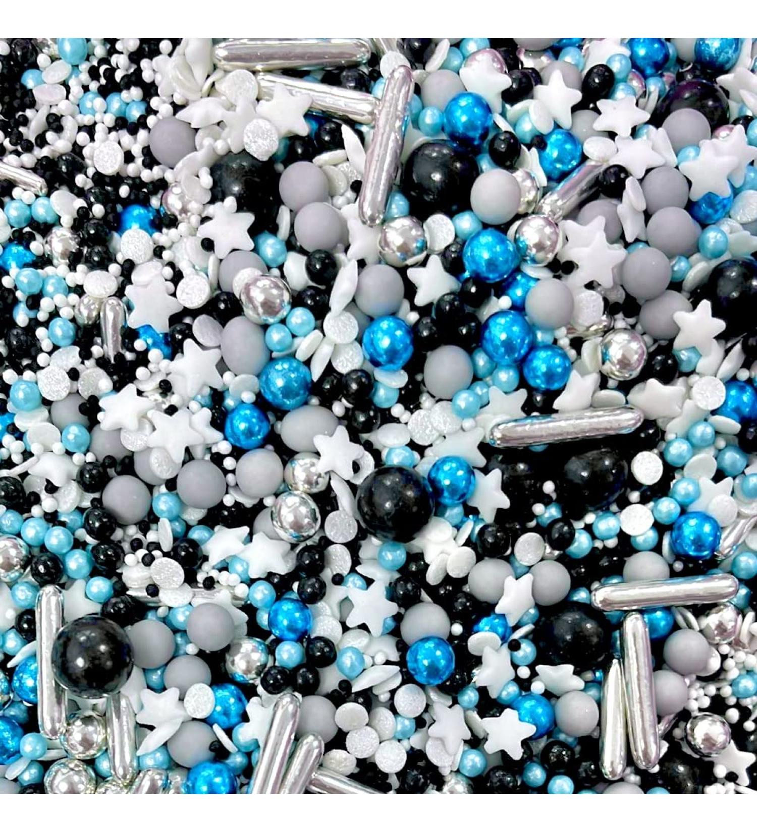 Black blue white grey metallic silver rods sprinkles mix for cupcake cookies cake toppers pearls stars male kids baby boy shower chocolate balls 100s and 1000s decoration DADDY COOL
