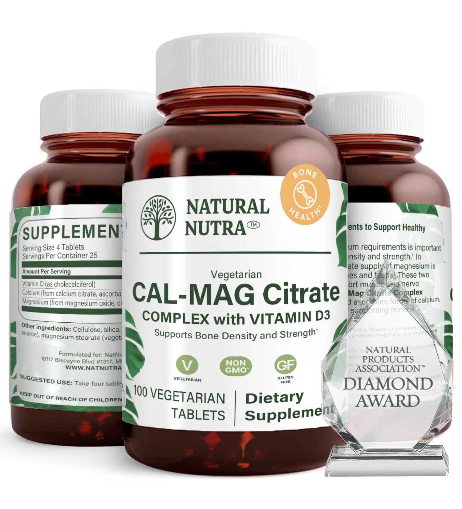 Natural Nutra Cal-Mag Citrate with Vitamin D3,1000/500 mg Complex, Strengthen Bone Density, Muscle and Nerve Health, Help Maintain Healthy Teeth, Highly Bioavailable Sources, 100 Vegan Tablets 100 Count (Pack of 1) - Buy Online on GoSupps.com