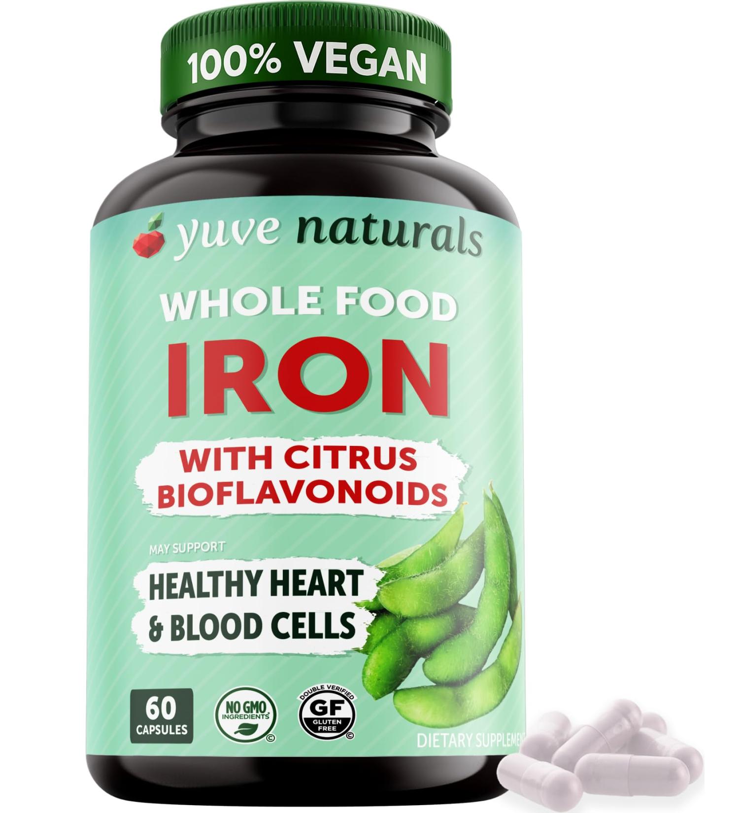 Yuve 100% Vegan Whole Food Chelated Iron Supplement 18mg Tasteless Non-Constipating Gentle on Stomach Energy Support Gluten-Free Non-GMO 60 Capsules - Buy Online on GoSupps.com