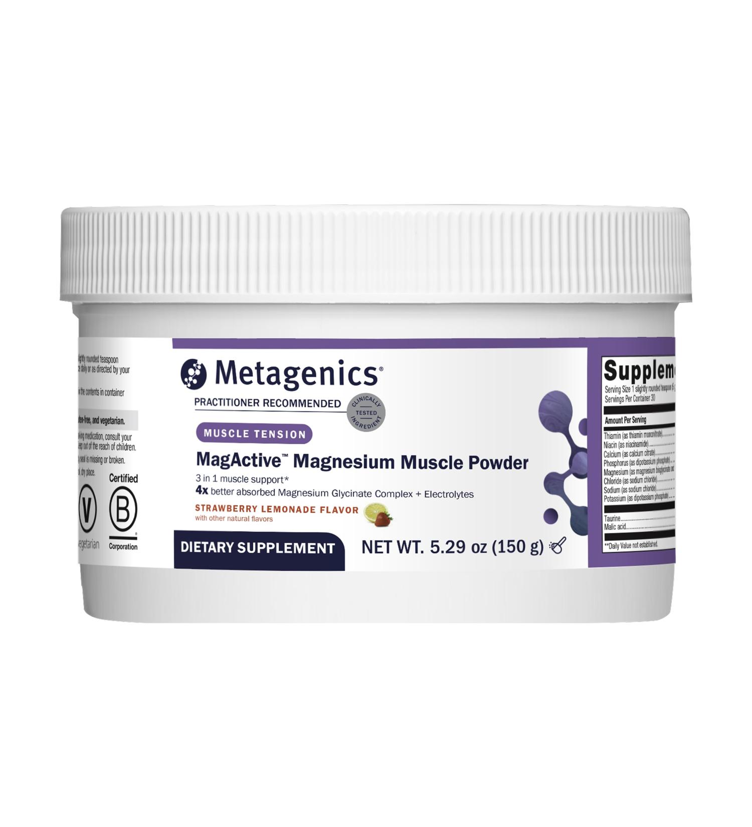 Metagenics MagActive Magnesium Muscle Powder - Highly Absorbable Magnesium Supplement for Workout Recovery - Aids Cramps Spasms & Tightness - 150 g Strawberry Lemonade Flavor - Buy Online on GoSupps.com