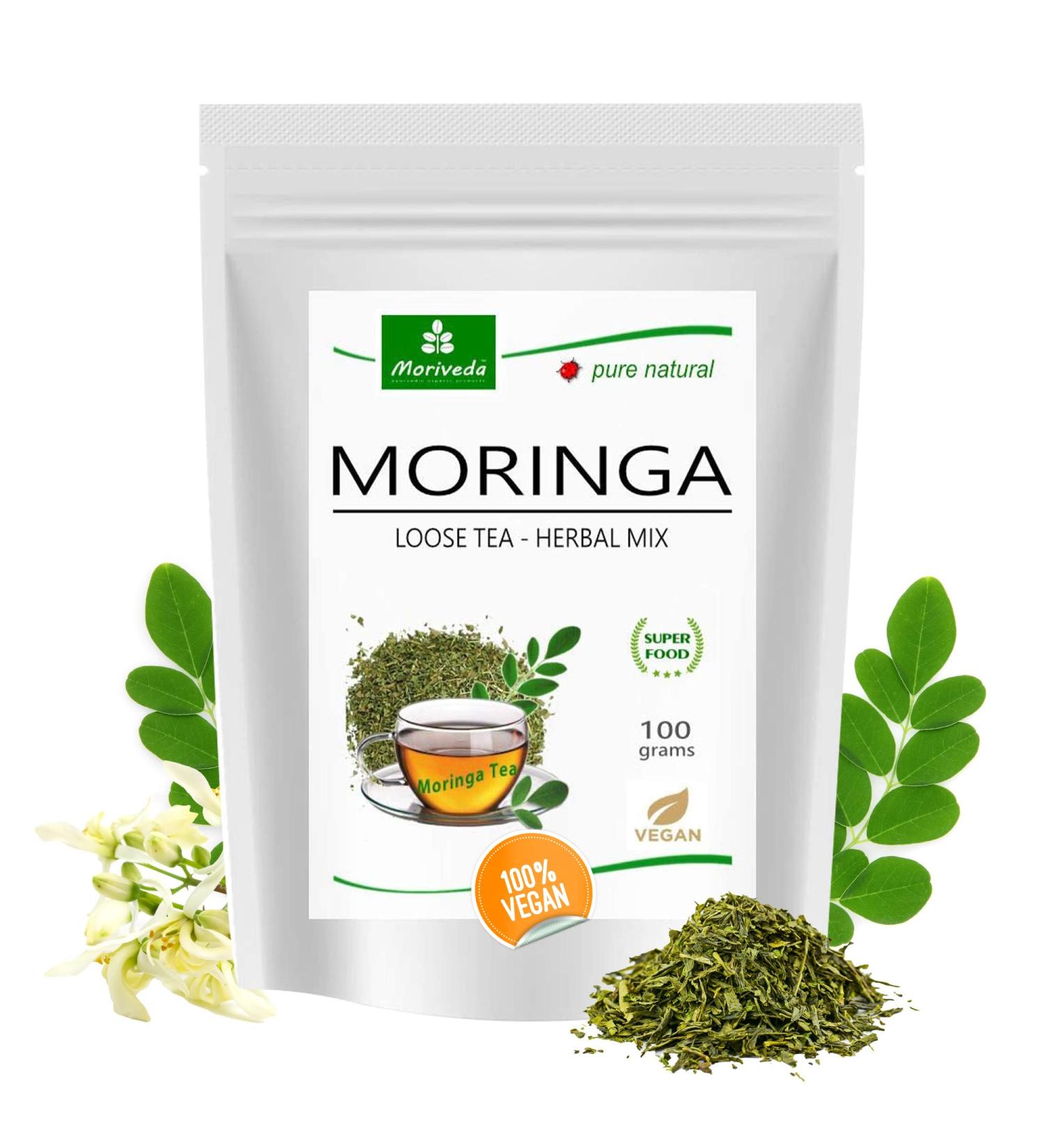 Moriveda Moringa Oleifera Tea - 100g Herbal Cut Leaf | 100% Vegan Gluten-Free & USDA Certified - Buy Online on GoSupps.com