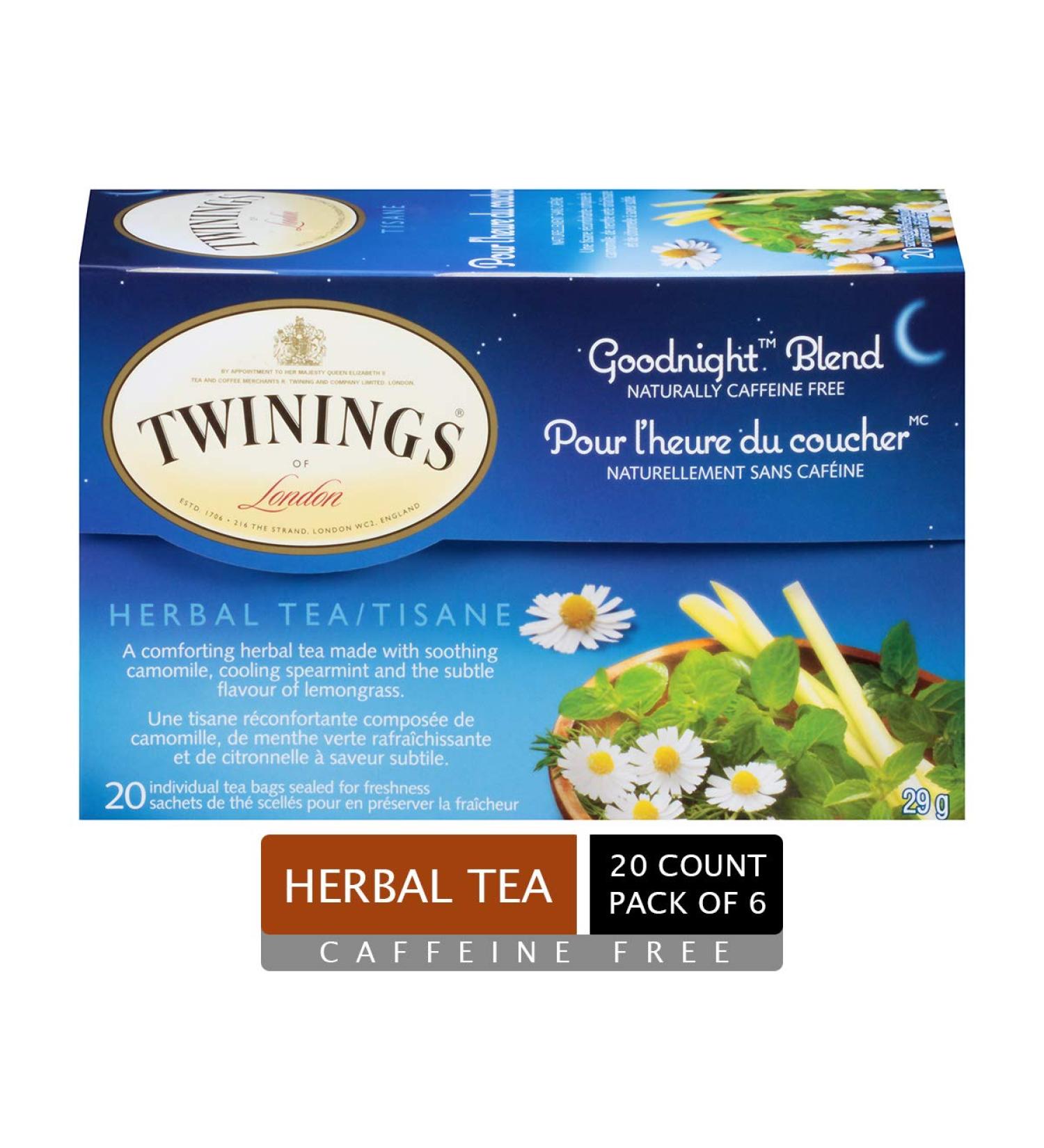 Twinings Goodnight Herbal Blend Tea Bags | Camomile Spearmint & Lemongrass | Naturally Caffeine-Free Relaxing Tea | 20 Count (Pack of 6) | Enjoy Hot or Iced Goodnight Blend 20 Count (Pack of 6) - Buy Online on GoSupps.com