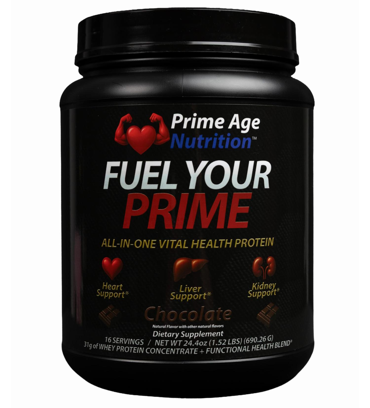 Prime Age Nutrition Fuel Your Prime Whey Protein Chocolate Flavor with CoQ10 and Magnesium Supports Circulation & Liver Function - Buy Online on GoSupps.com