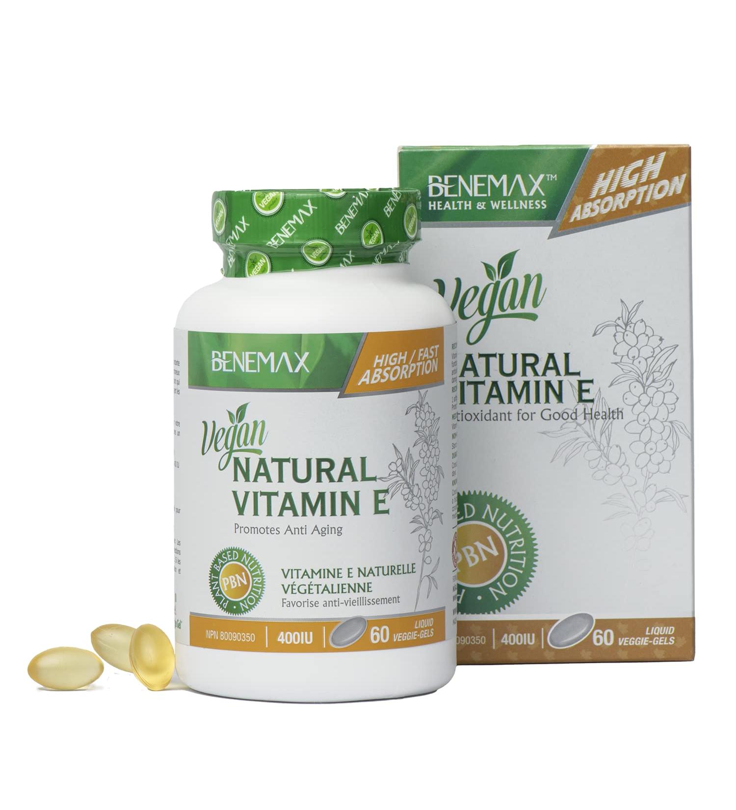 Benemax Natural Vitamin E. High Absorption. Powerful Antioxidant For Anti Aging. 100% Plant Based & Vegan - Outer Softgel Made of Tapioca vs Other Brands that Use Carrageenan or Gelatin. 60 day supply - Buy Online on GoSupps.com