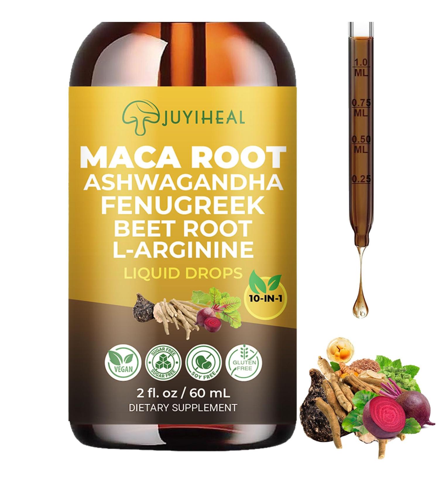 JUYIHEAL 10-in-1 Maca Root Liquid Drops with Ashwagandha Nettle Fenugreek Beet Root and L-Arginine Maca Tincture for Overall Support - 2 fl oz - Buy Online on GoSupps.com