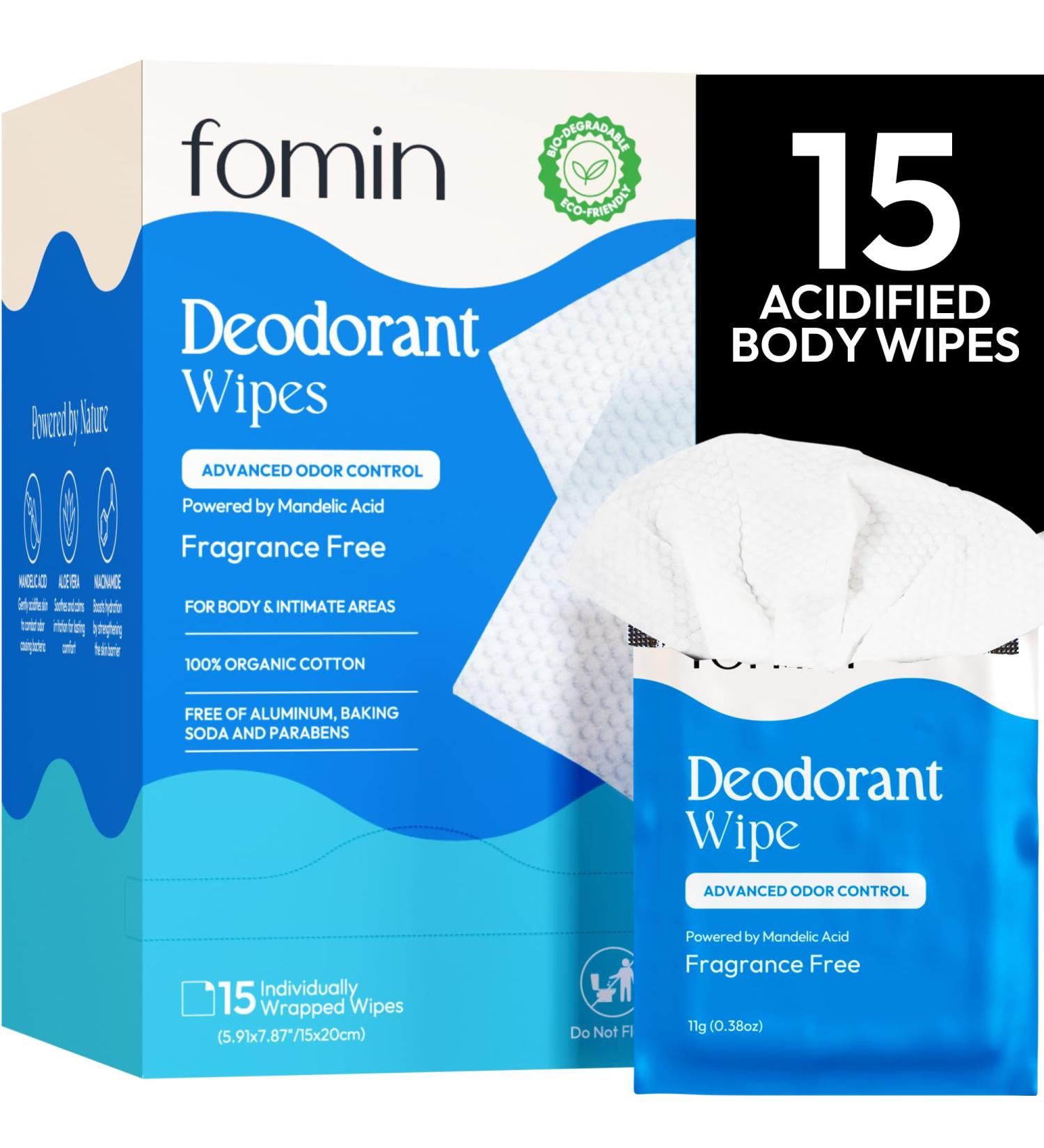 FOMIN Acidified Travel Deodorant Wipes For Women & Men - 15 Count - Fragrance Free - pH Balanced Mini Deodorant Travel Size Wipes - Plastic-Free Individually Wrapped Underarm Body Wipes Fragrance Free 15 Count (Pack of 1) - Buy Online on GoSupps.com