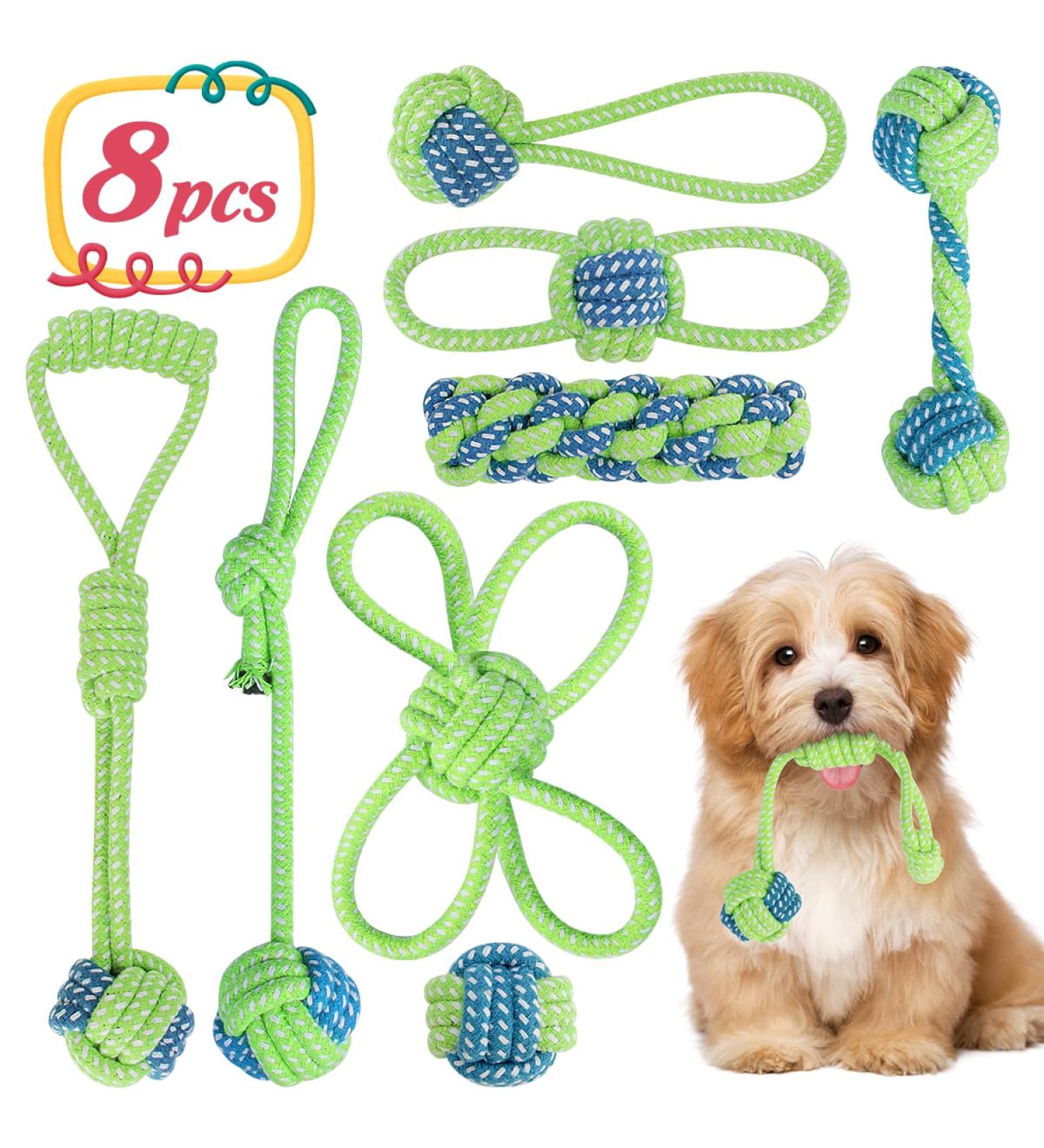 Etaccu Dog Toys Set 8 Indestructible Cotton Rope Toys for Small Dogs | Interactive Puppy Toys (Green) - Buy Online on GoSupps.com