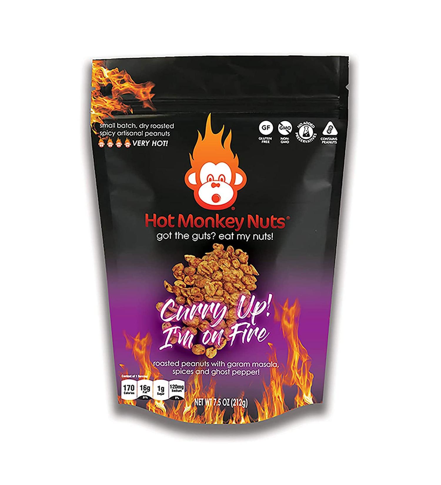 Curry Up! Hot Monkey Nuts: Roasted Peanuts with Garam Masala, Tomato, Buttermilk and Ghost Pepper - Non-GMO, Gluten Free, Spicy Individual Packs - Buy Online on GoSupps.com