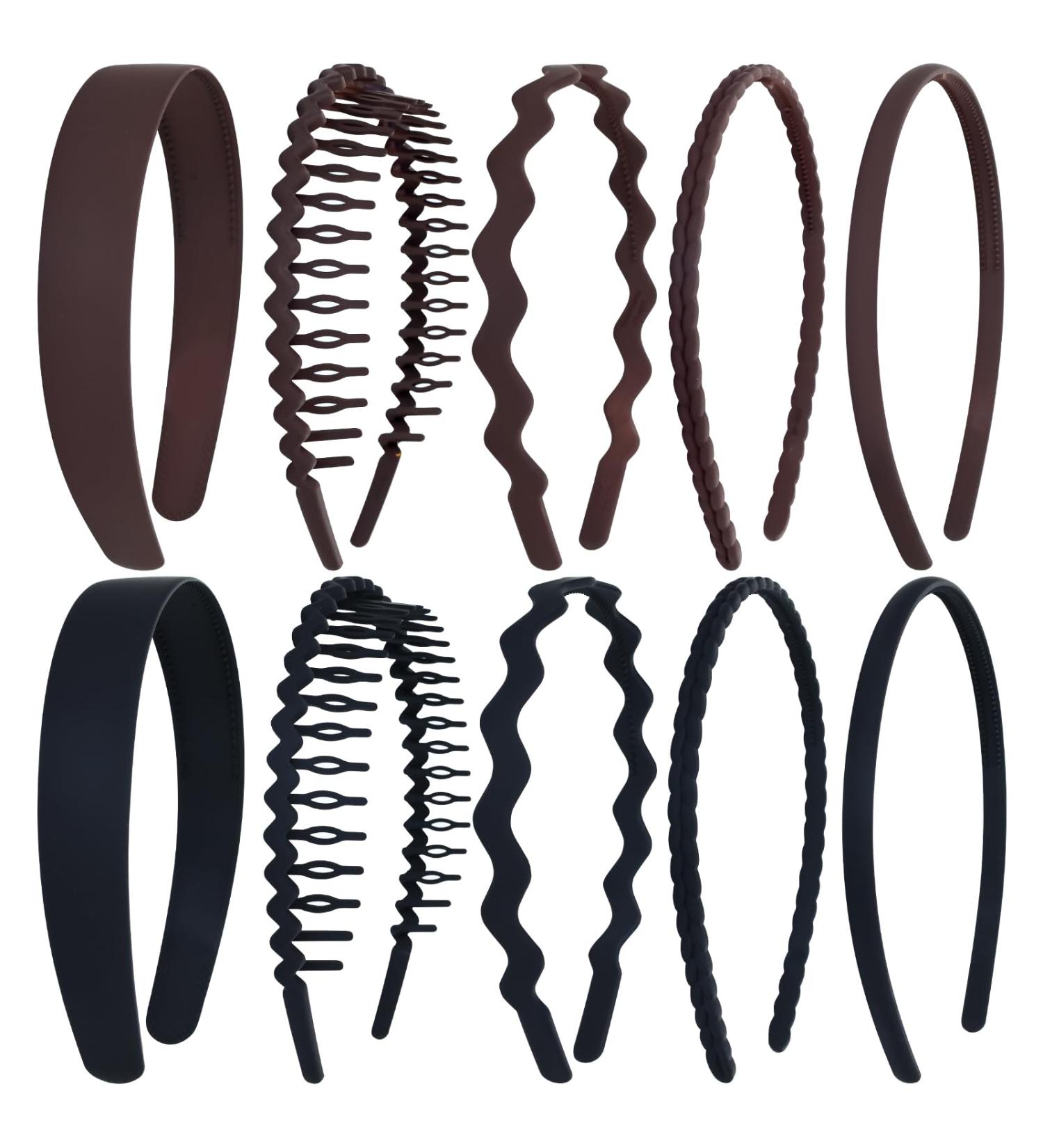 Cinaci 10 Pieces in 5 Styles Non Slip Dark Coffee Black Wavy Braided Matte Wide Thin Elastic Plastic Headbands with Teeth Sports Hair Bands for Men Women Girls Teens Kids Dark Coffee+Black - Buy Online on GoSupps.com