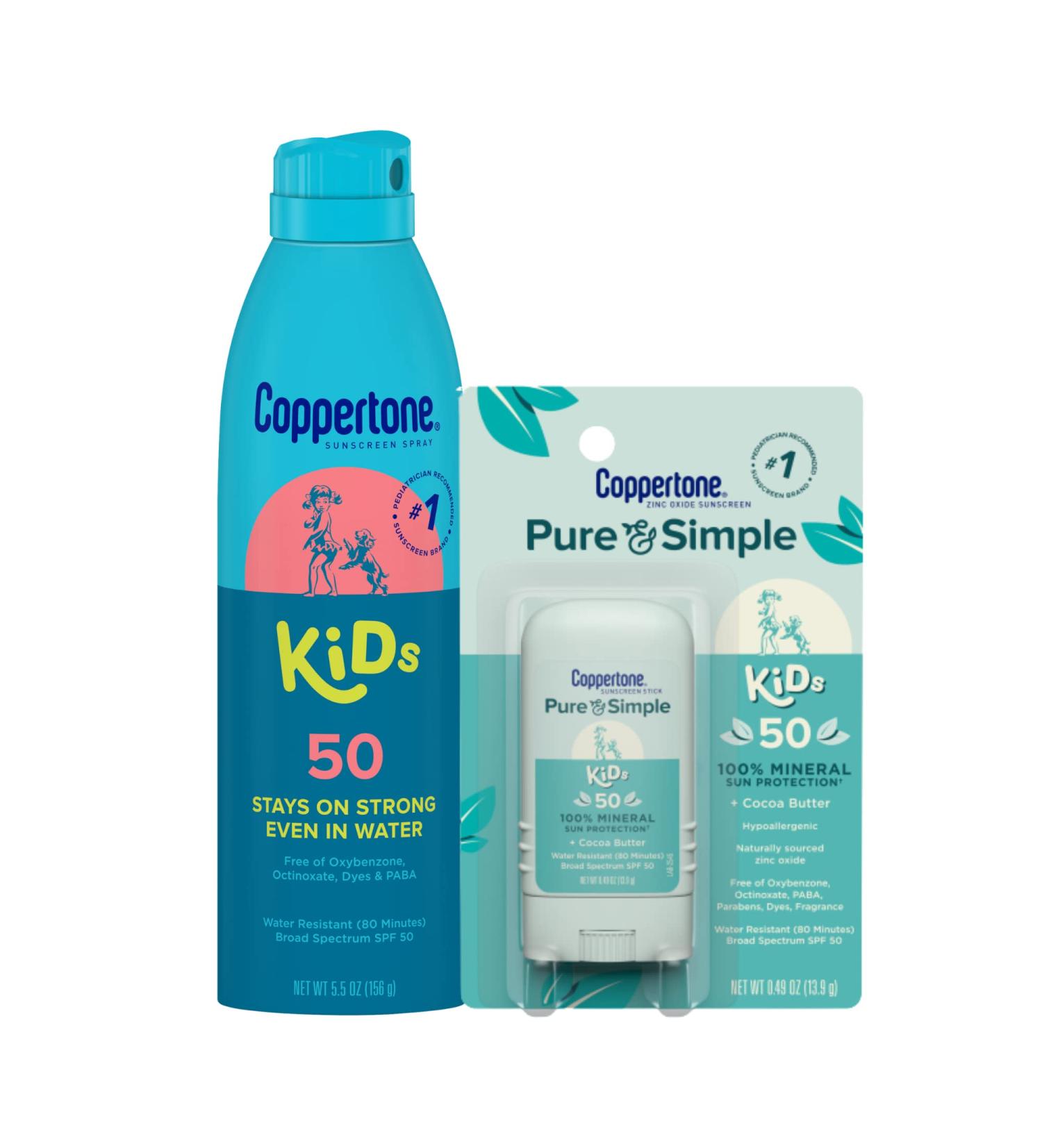 Coppertone Kids Sunscreen Spray SPF 50 + Stick SPF 50 Bundle | Zinc Oxide Mineral Formula | Pediatrician Recommended | 5.5 Oz Spray + 0.49 Oz Stick - Buy Online on GoSupps.com