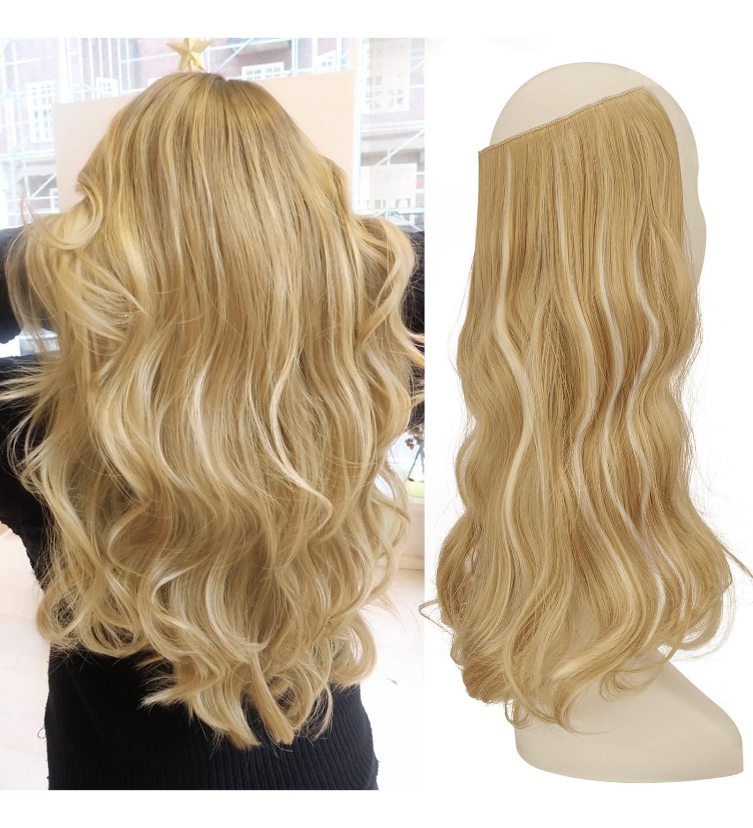 FESHFEN 18 inch Golden Highlighted Bleach Blonde Invisible Secret Wire Crown Hair Extension for Women | Curly Wavy Synthetic Hairpieces - Buy Online on GoSupps.com