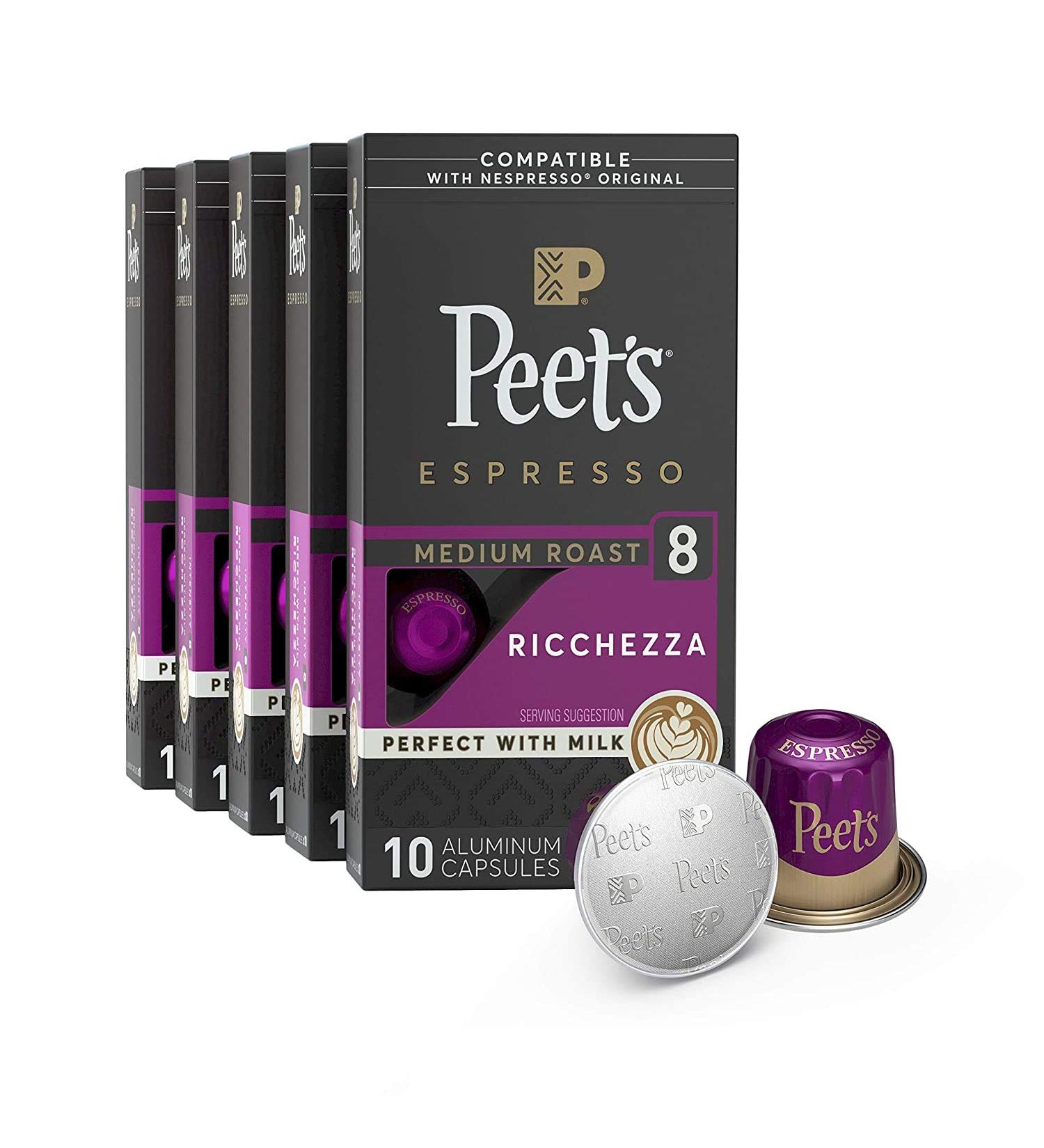 Coffee Pods Compatible with Nespresso Original Line Machine Packs 40/50 / 60/80 / 100/120 Capsules Espresso Light Dark Roast All Pack/Flavors (50 Pods Peet's Ricchezza)