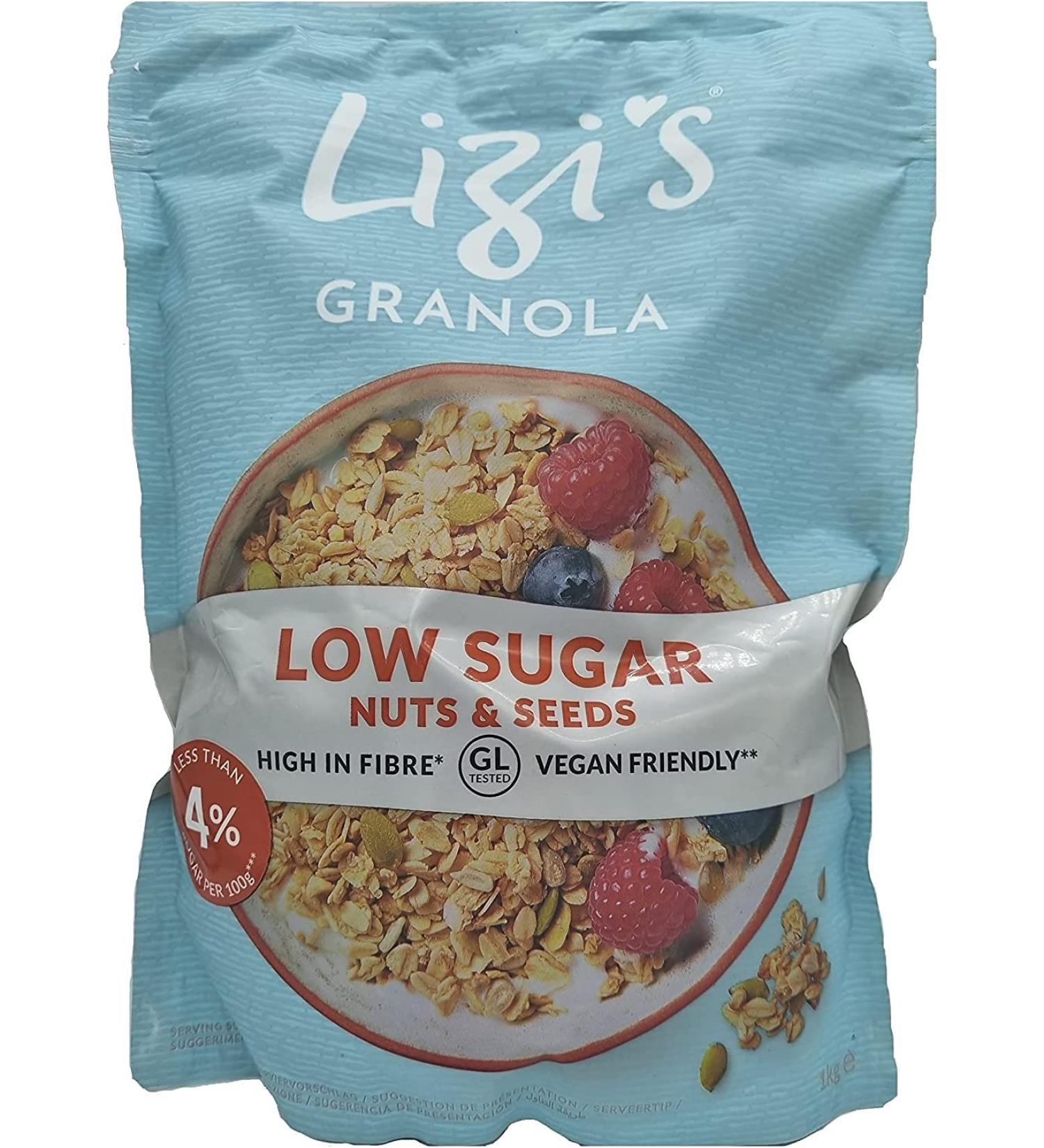 Lizi's Low Sugar High in Fibre Ready to Eat Cereal Oats Nuts & Seeds Granola - 1kg Value Pack | Vegan Friendly | Less Sugar Nuts & Seeds | GL Tested | Sold by Essential Products