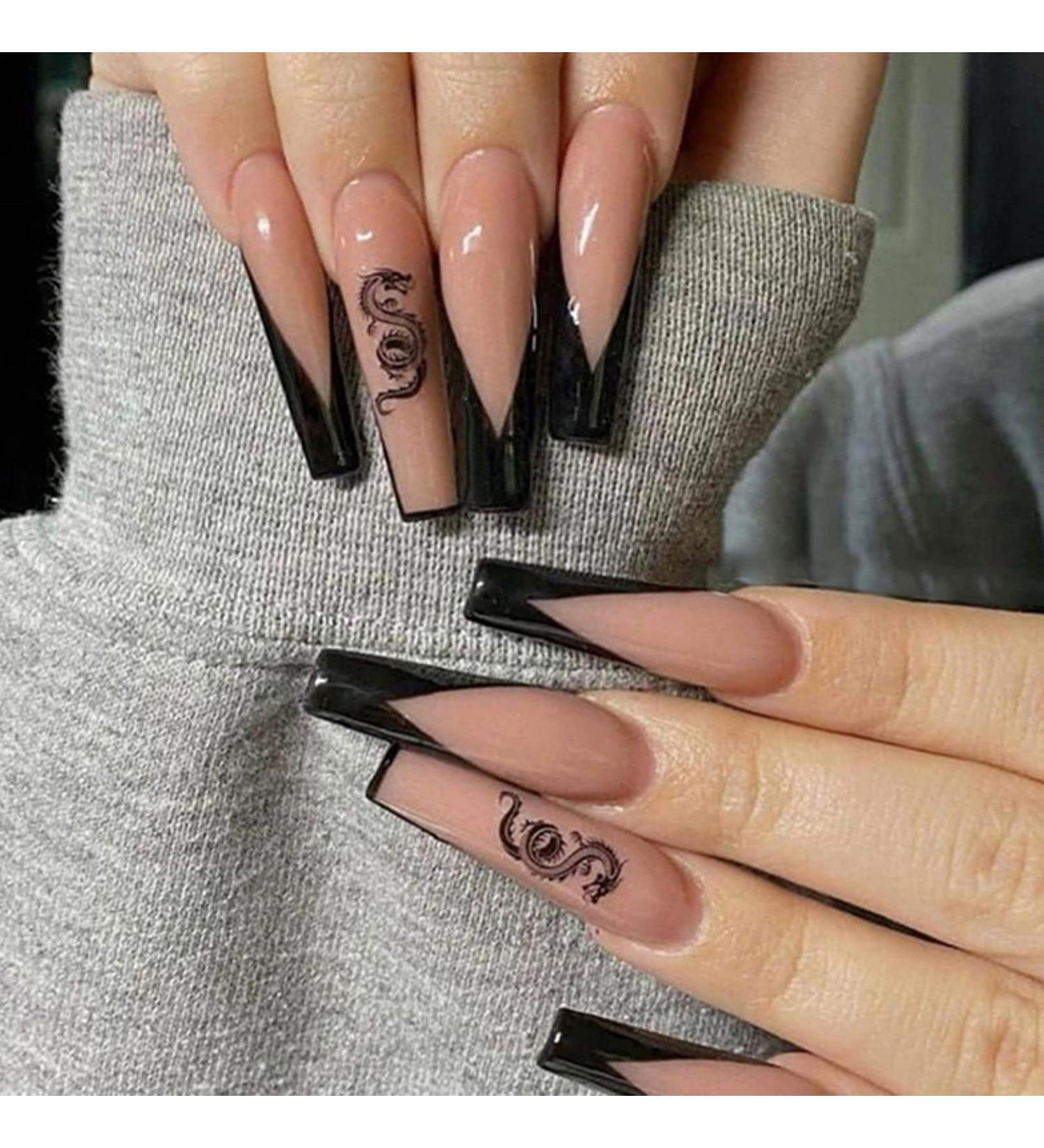Justotry 24 Pieces Long Black French Coffin Nails with Dragon - Press On Ballerina Artificial Fingernails for Women - Buy Online on GoSupps.com