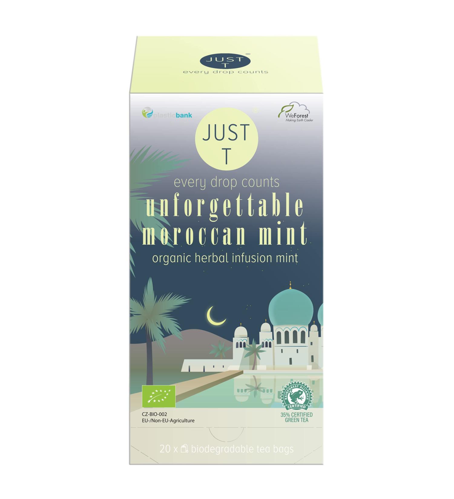 JUST T Unforgettable Moroccan Mint Double Chamber Tea Bag (20 pcs) | Organic Herbal Mint Infusion Sachets | Biodegradable Premium Tea Bags | High-Grown Leaf Tea - Buy Online on GoSupps.com