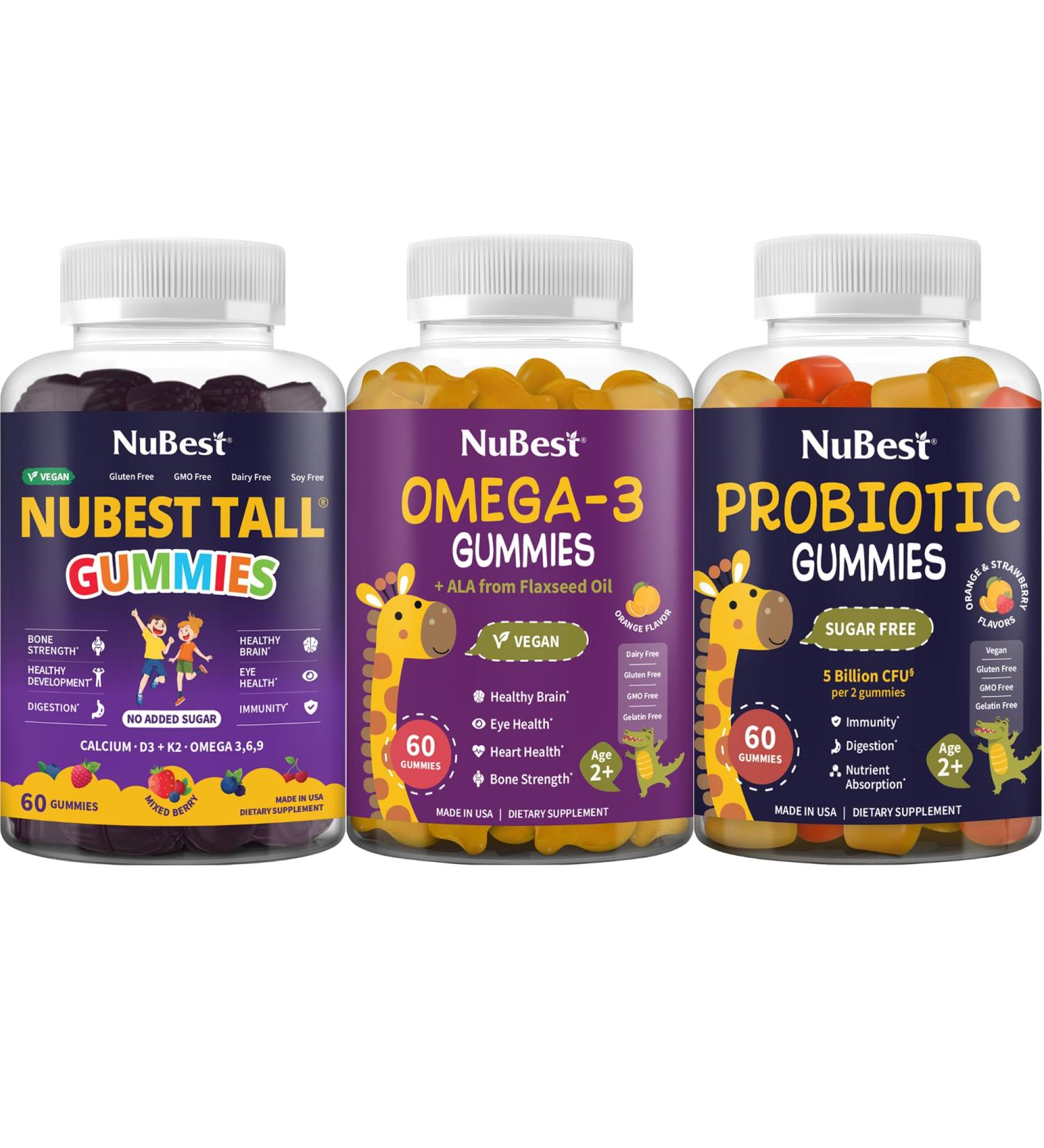NuBest 3X Power Gummies Bundle Tall Gummies Omega 3 Gummies & Probiotic Gummies for Bone Strength Brain Growth Eye Health Gut Health & Immunity - Buy Online on GoSupps.com
