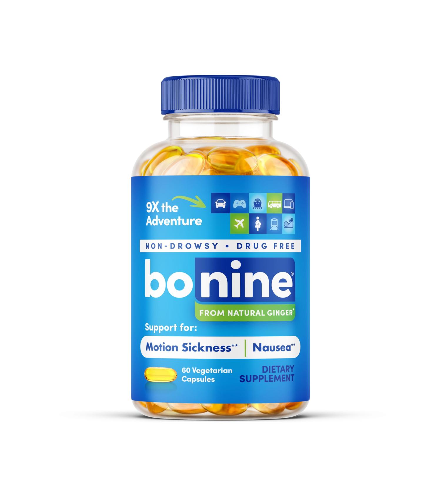 Bonine Ginger Root Extract Liquid Capsules - 40 mg Non-Drowsy Motion Sickness Relief | Nausea & Morning Sickness Supplement | Travel Essential - 60 Count - Buy Online on GoSupps.com