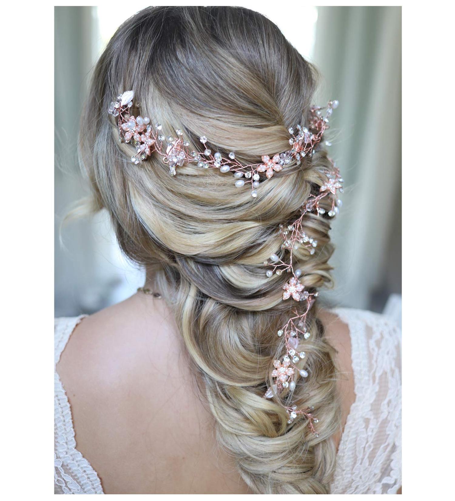 Sweetv Rose Gold Hair Vine - Braided Wedding Headband Bohemian Headpiece - 28.5 Inch Extra Long Crystal Pearl Bridal Hair Accessories - Rose Gold - Buy Online on GoSupps.com