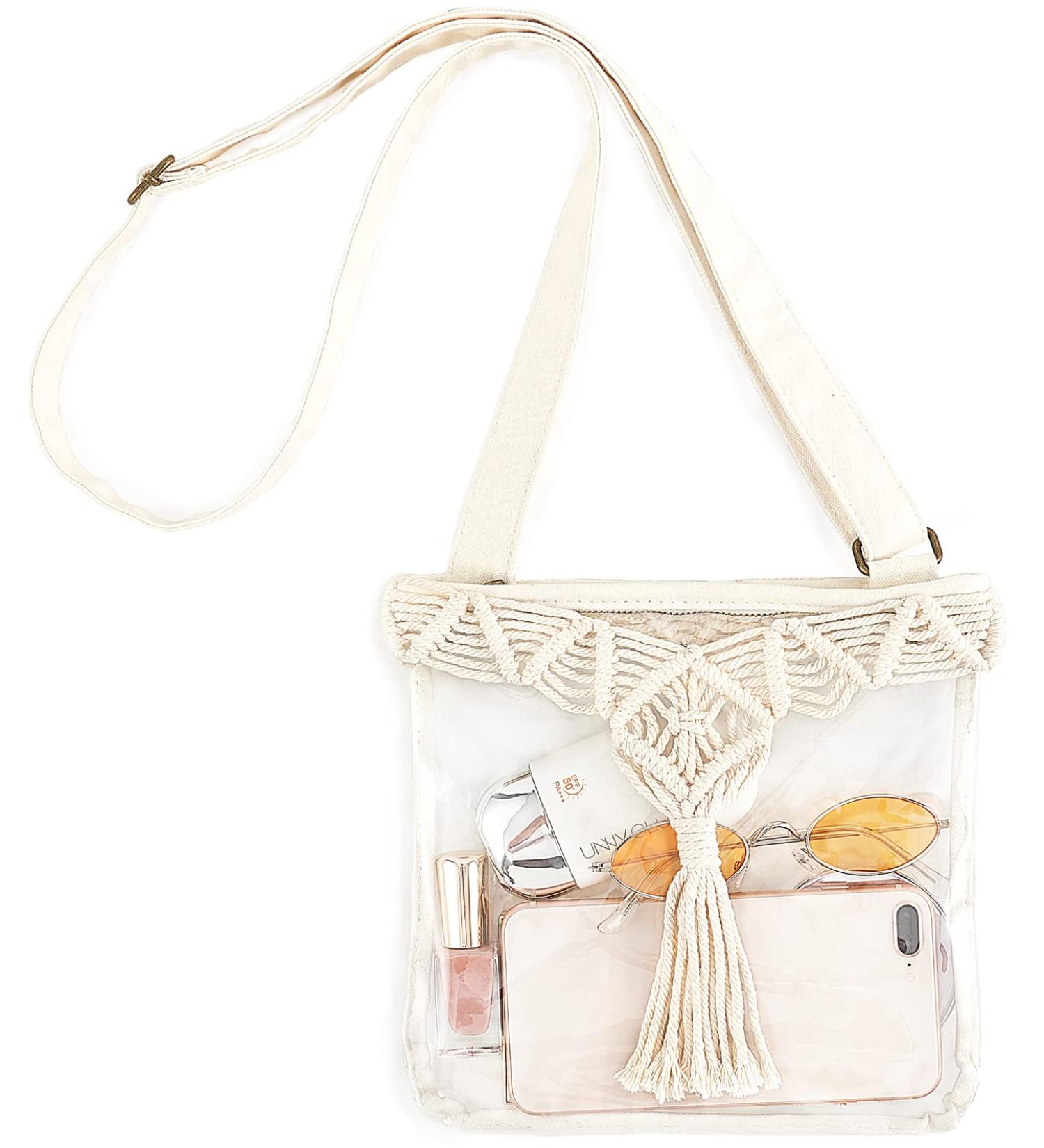 Clear Crossbody Stadium Bag with Macrame Tassel - Beige | Mkono - Buy Online on GoSupps.com