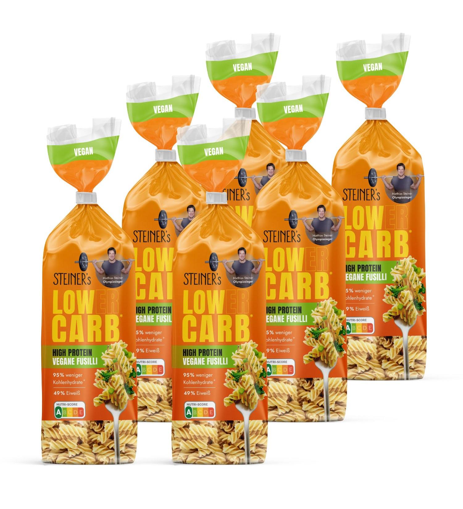Steiner's High Protein Fusilli | Low Carb Pasta | 49g Protein | 95% Less Carbs | Fiber Rich | 6x250g (1.5kg Pack) - International Shipping Available - Buy Online on GoSupps.com