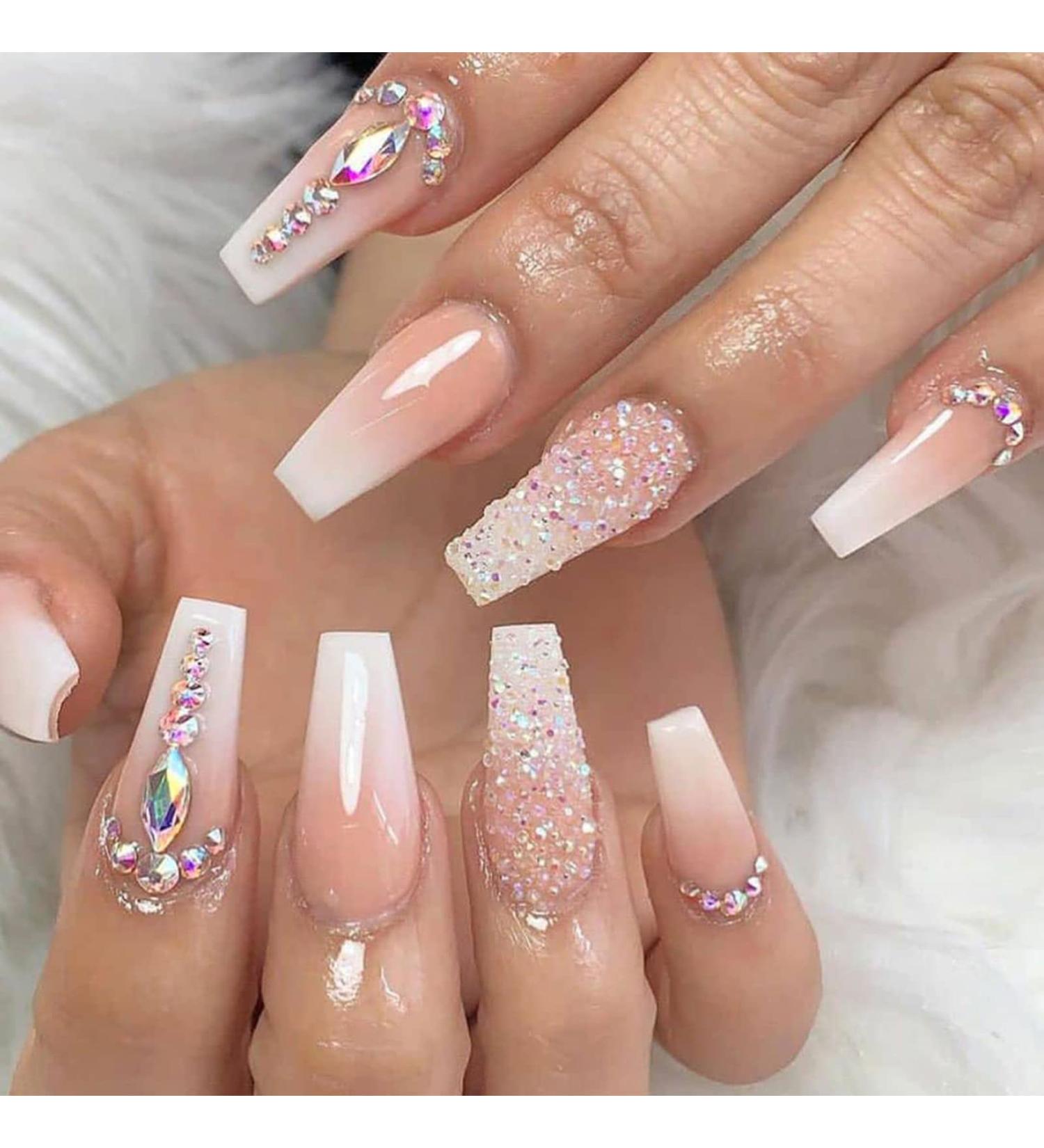 Leuhiove Glitter Gradient Pink Ballerina Press on Nails - Luxurious Crystal Gem Design for Women and Girls - Buy Online on GoSupps.com